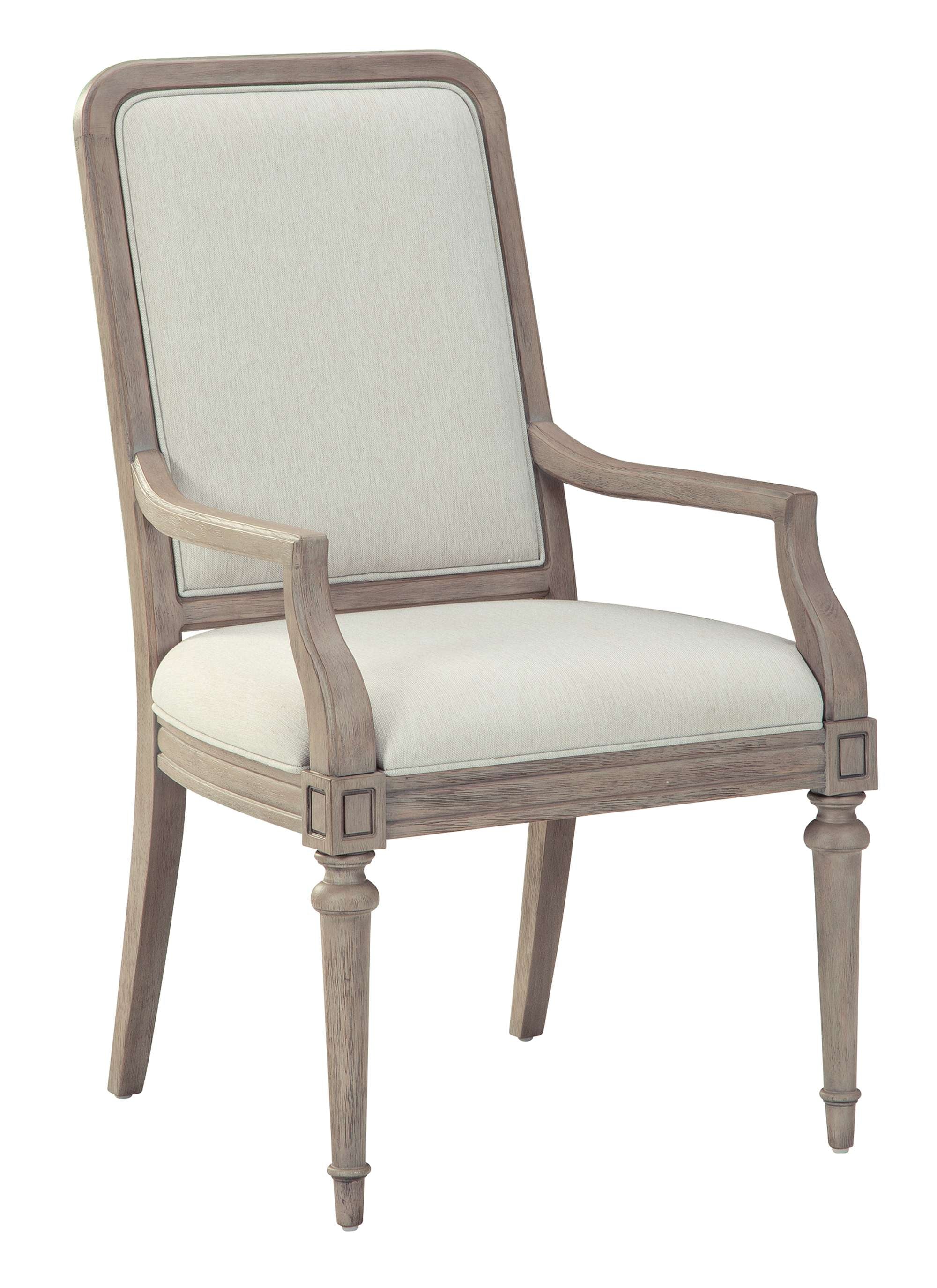 Wellington Estates upholstered dining arm chair with heavy weight linen seat and back, driftwood solid wood frame