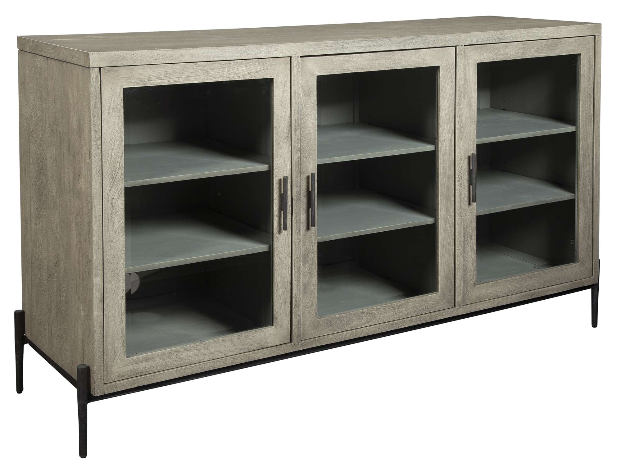 Bedford Park entertainment console with mango solid wood, three beveled glass doors, adjustable shelves, and ventilation panel back