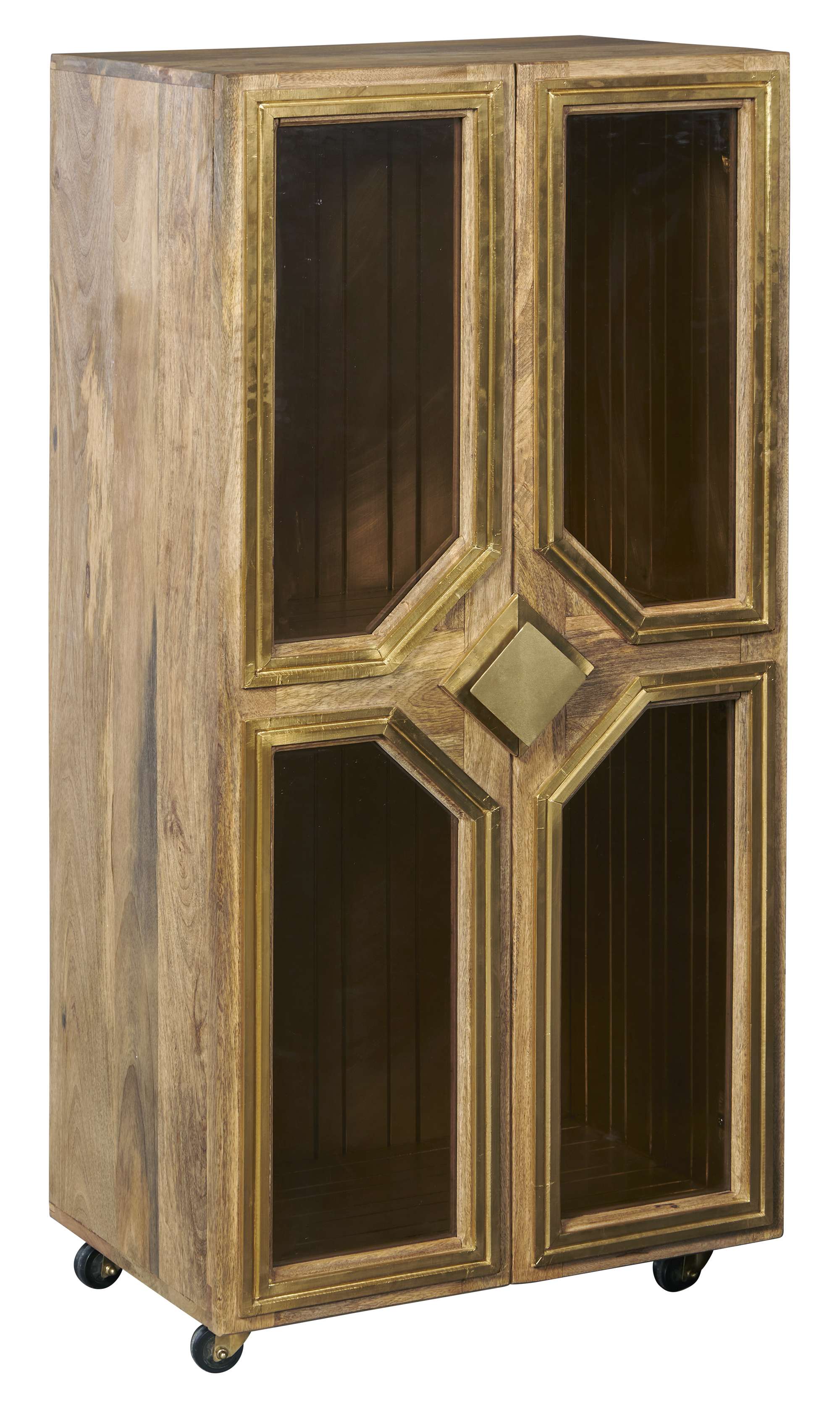 Two-door mango wood accent cabinet with amber glass, brass-trimmed doors, brass interior, and caster wheels for mobility