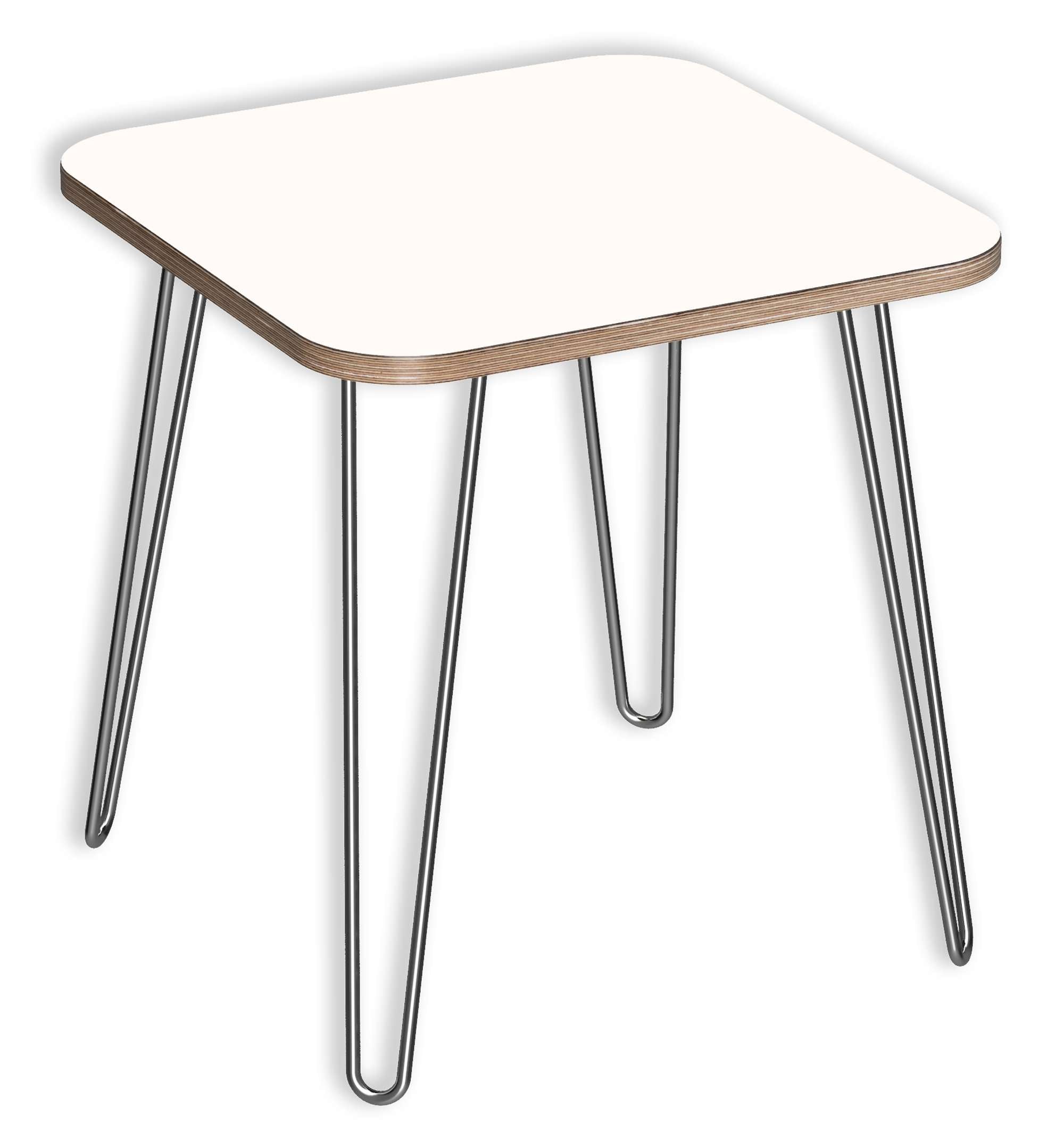 Square DesignerPly end table with white top, mid-century multi-ply edges, curved corners, and slim hairpin metal legs
