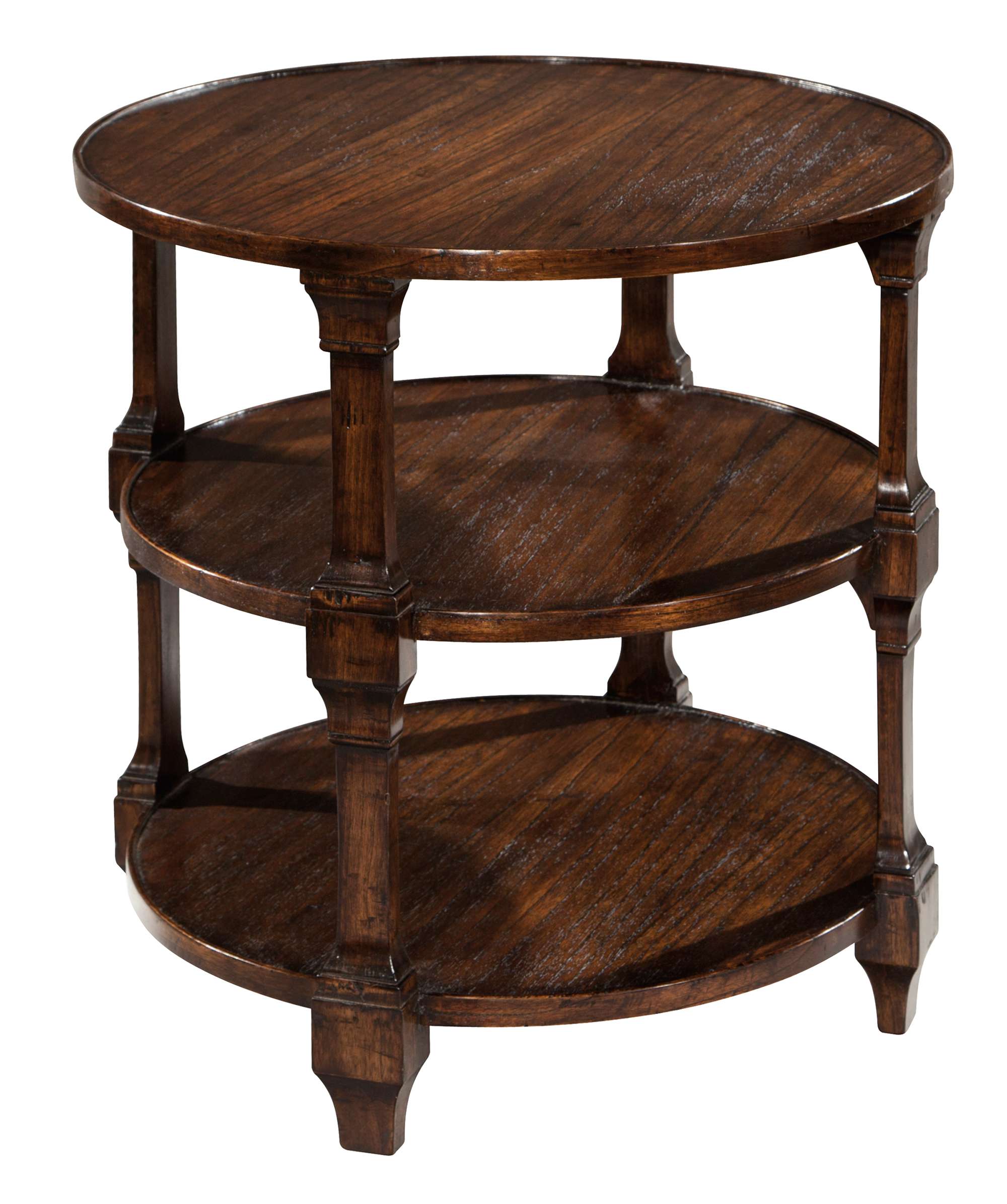 End table with hand-planed veneers and solids, three fixed shelves, hand-rubbed wool wax finish, and special reserve stain