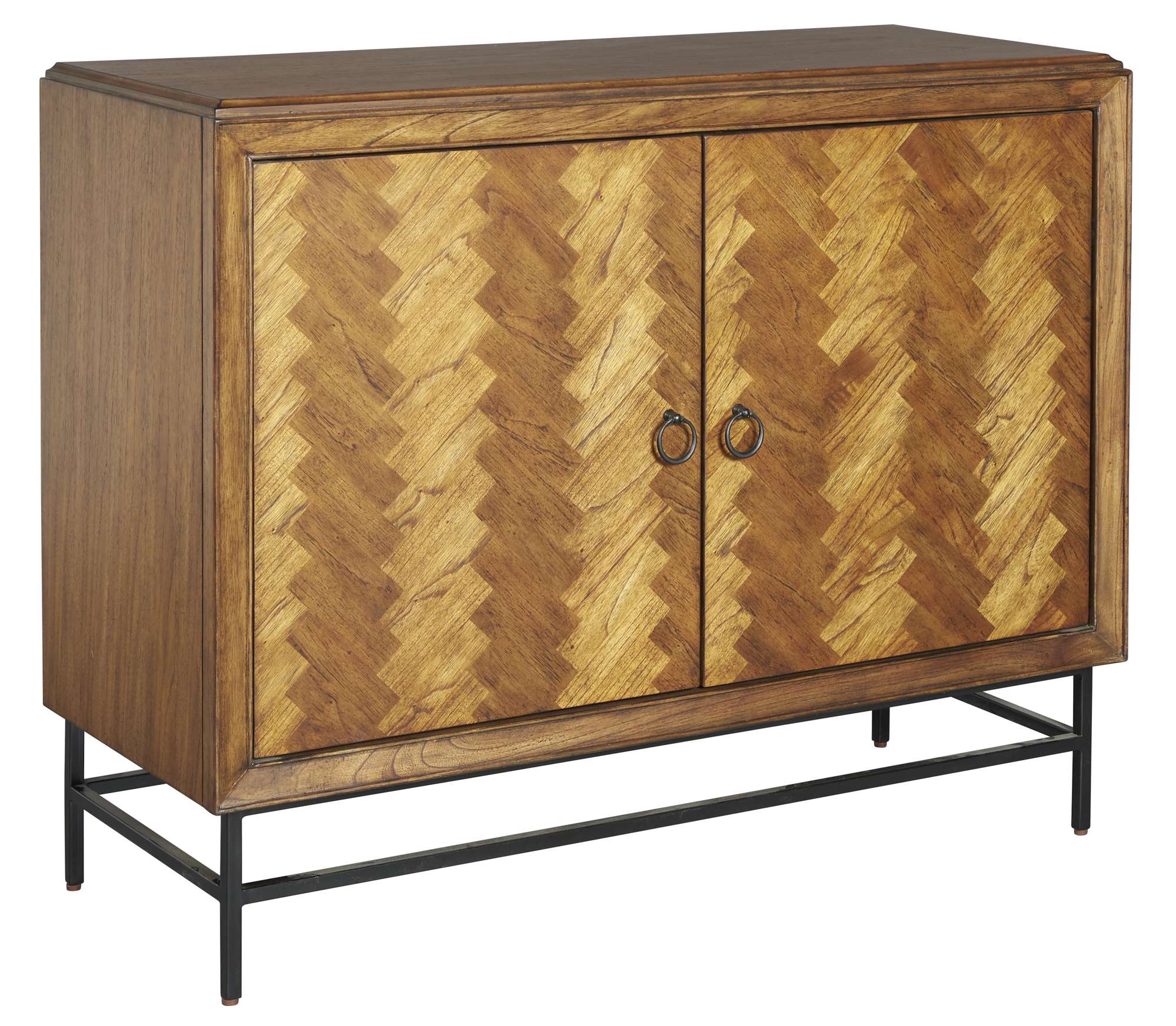 Hekman Accent Chest with herringbone patterned doors, wood finish, metal base, and dual ring pull handles for stylish storage
