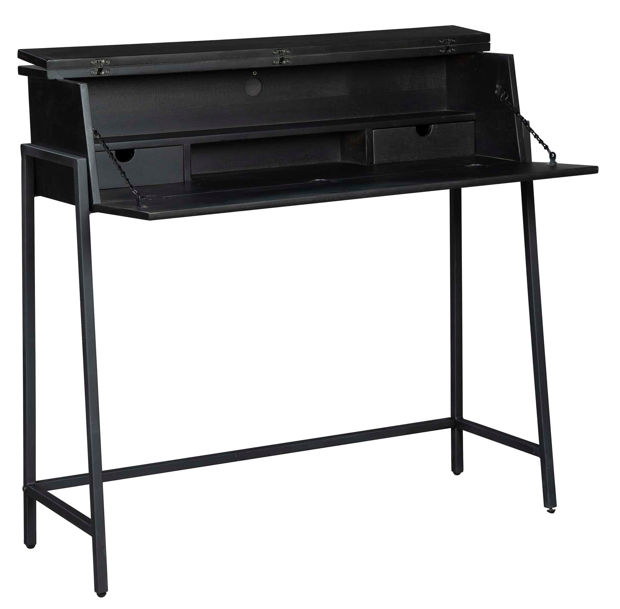 Box-style writing desk with aged black acacia solids, two pencil drawers, open storage, and black iron metal frame