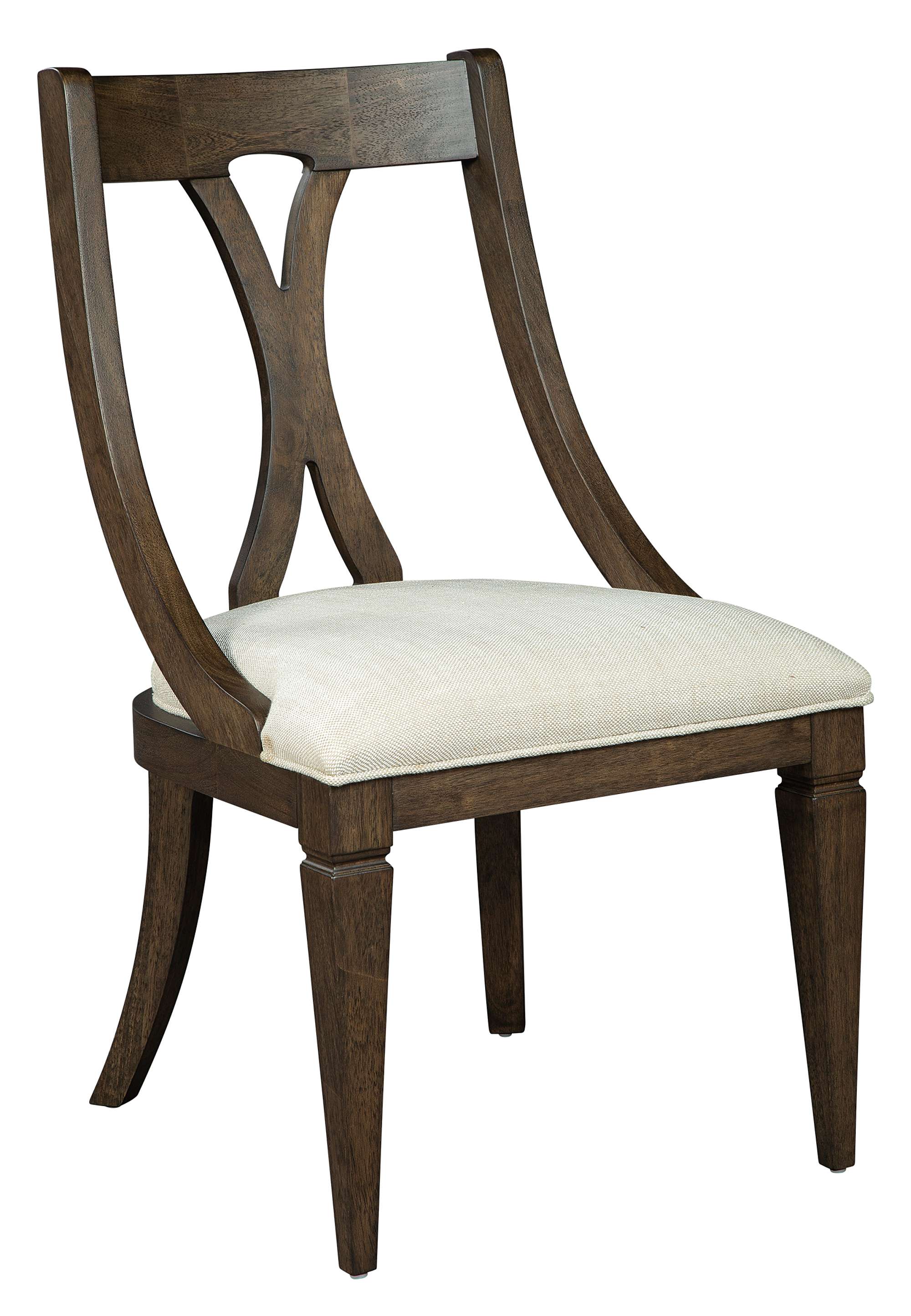Linwood Sling dining chair with mindi wood solids and veneers, Linwood finish, and heavyweight linen upholstered seat cushion