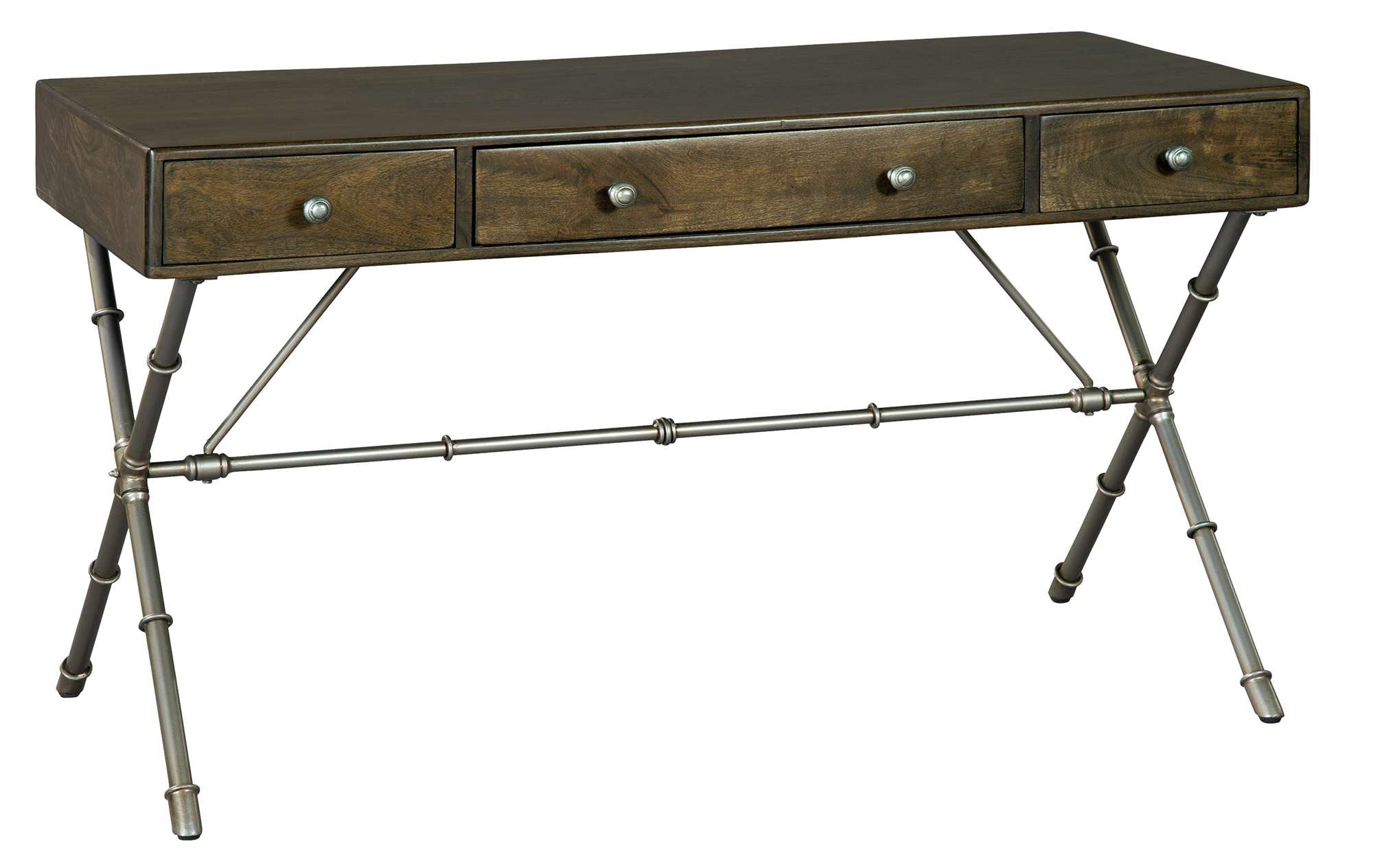 X-base acacia solids writing desk with three drawers, drop-front keyboard storage, antique pewter legs, and Cambridge finish