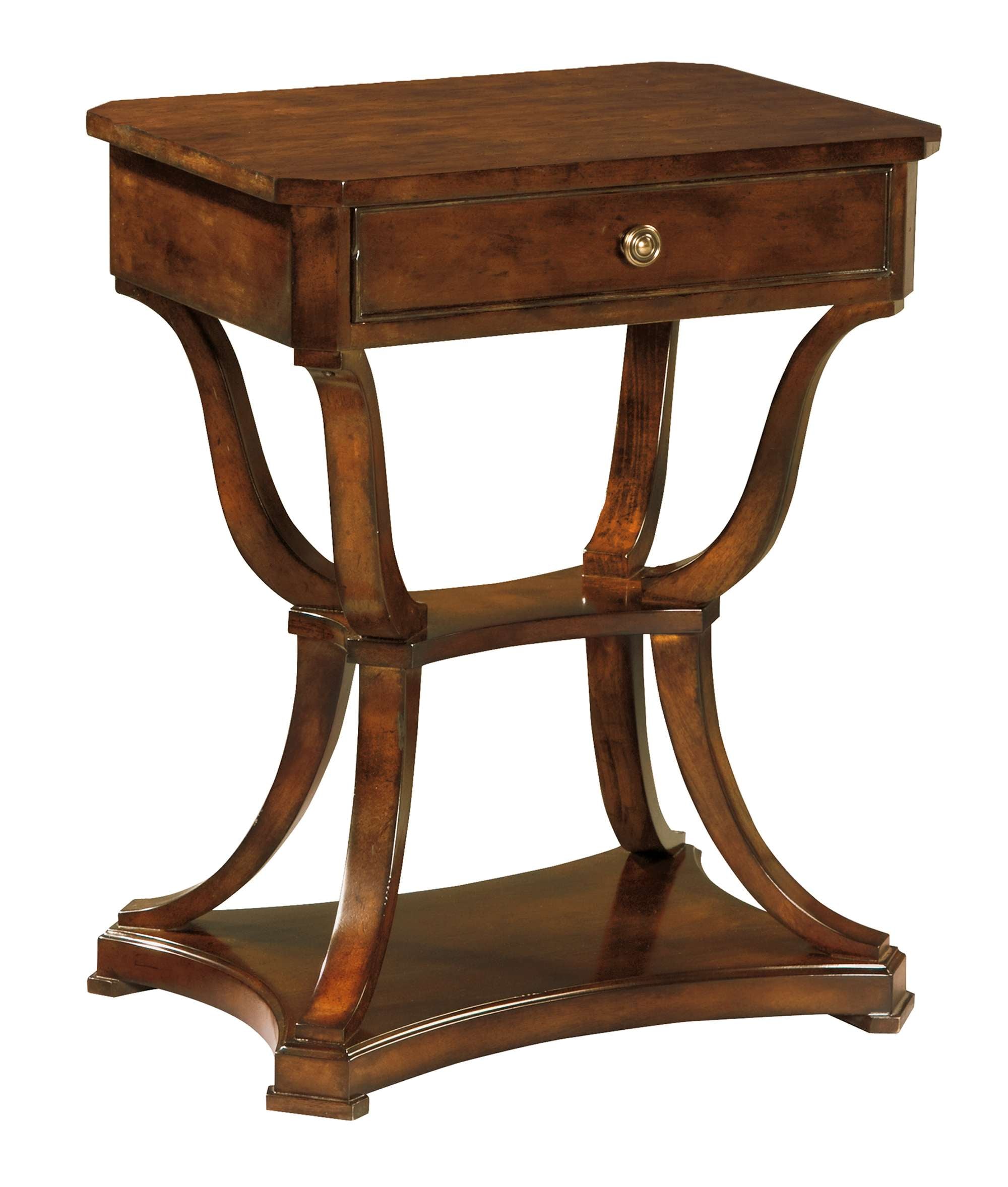 European Legacy end table with rustic American Cherry veneers, one drawer, two shelves, and burnished brass knob hardware