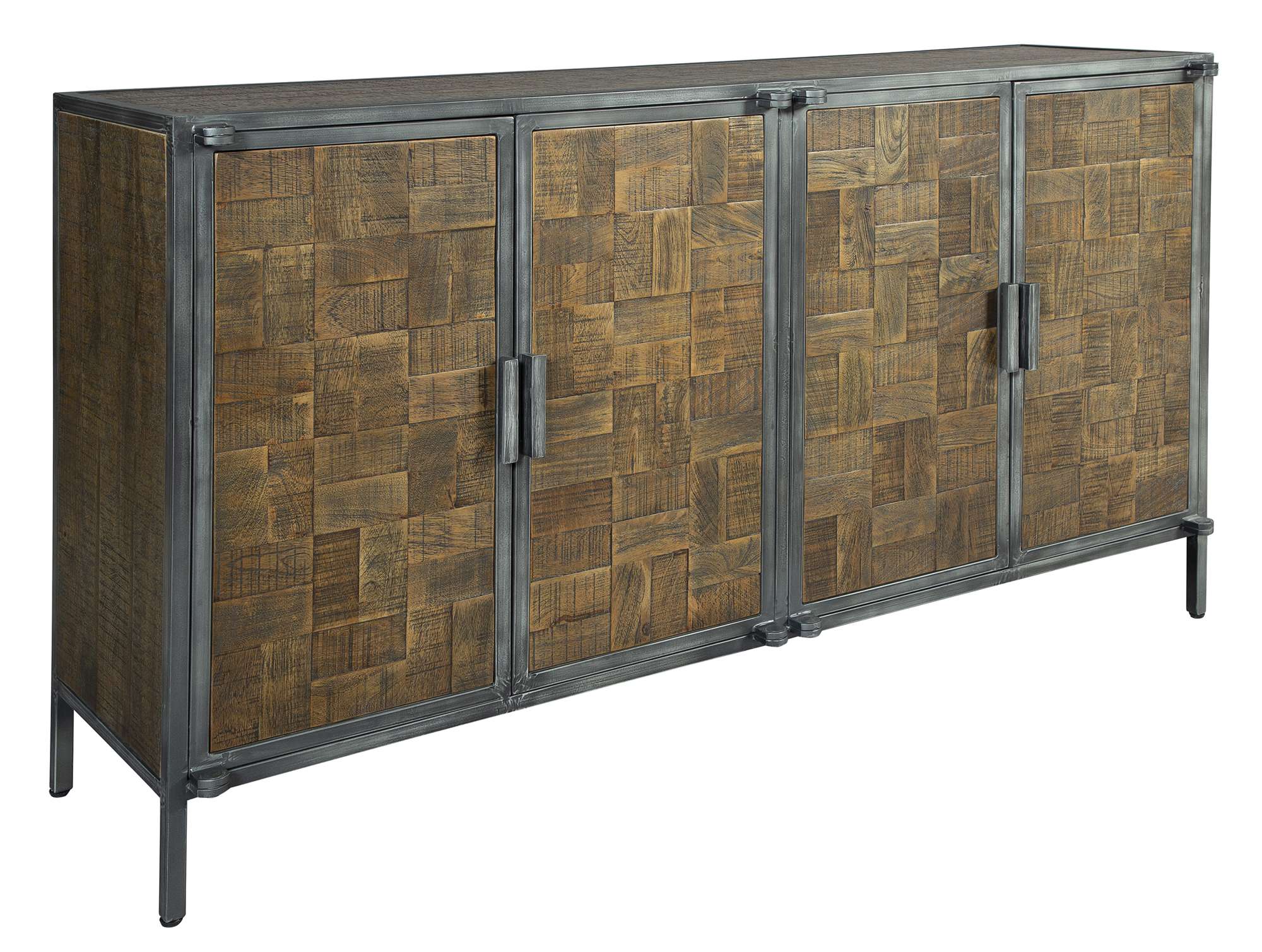 Entertainment console with aged iron frame, wood parquet doors, cross sawn detailing, metal base, and four doors with shelves inside