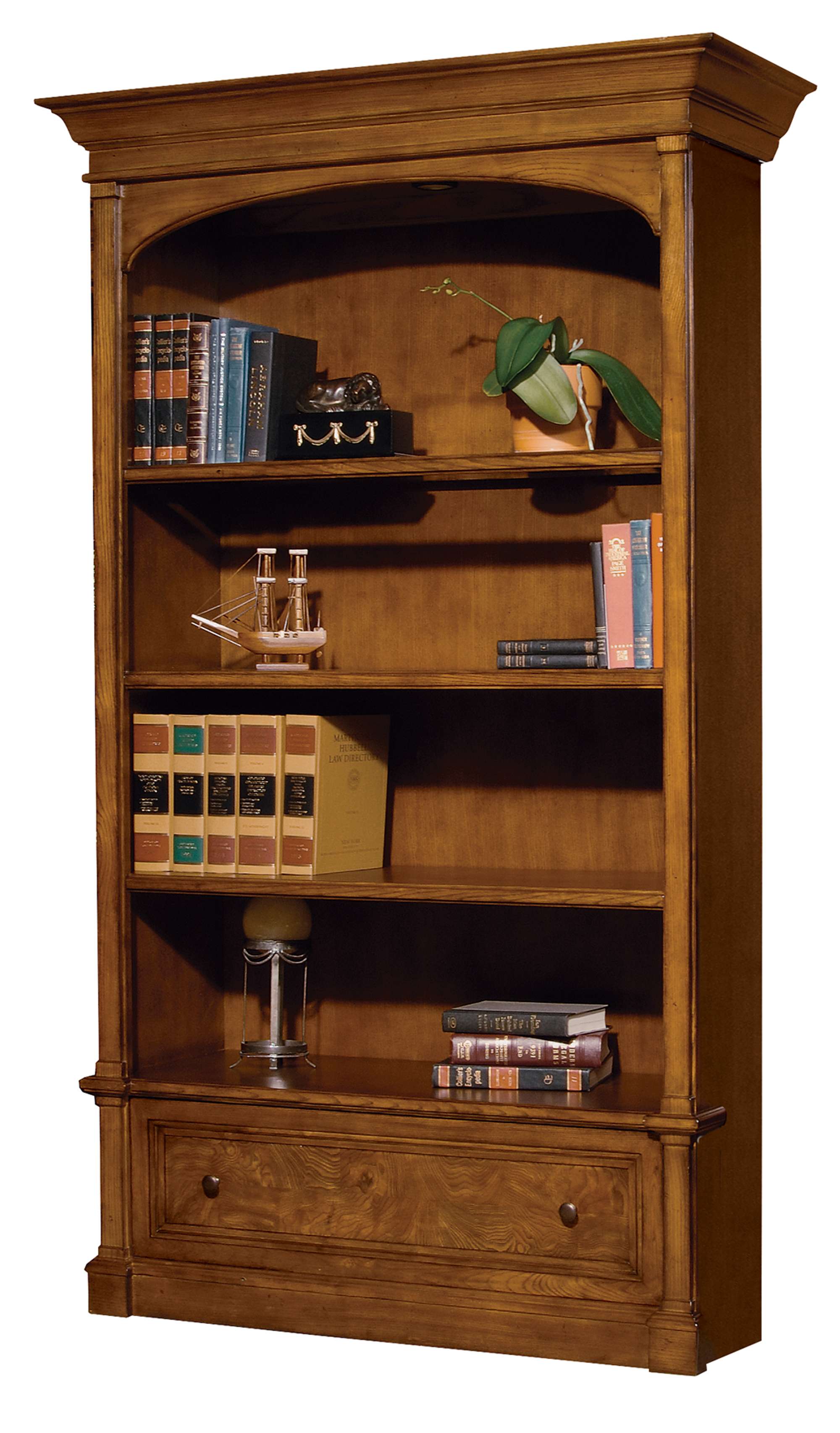Urban Ash Burl executive center bookcase with adjustable wood shelves, fixed shelves, file drawer, and classic crown molding