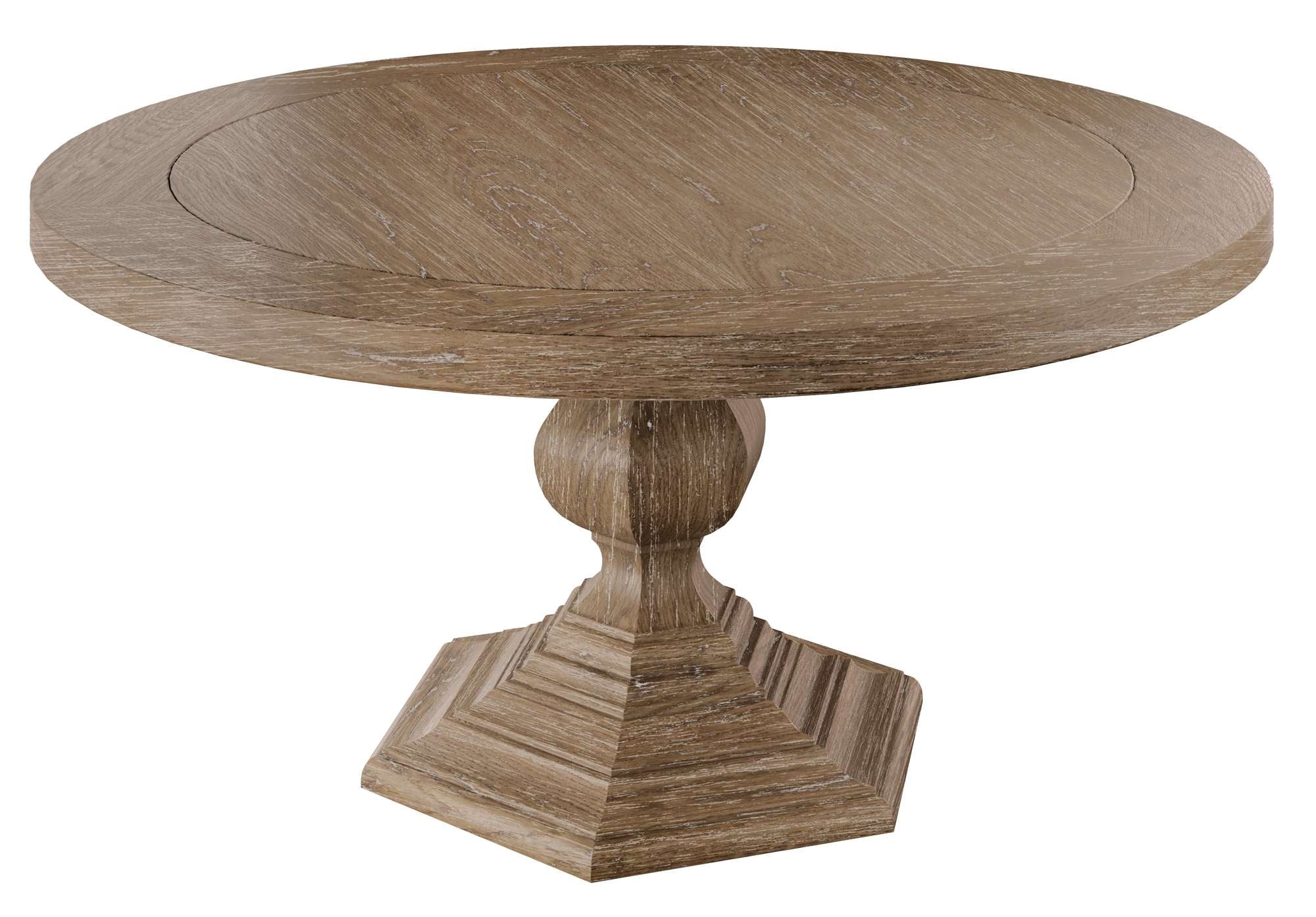 Round wooden pedestal coffee table with a 1.5-inch thick framed top and classic carved base design