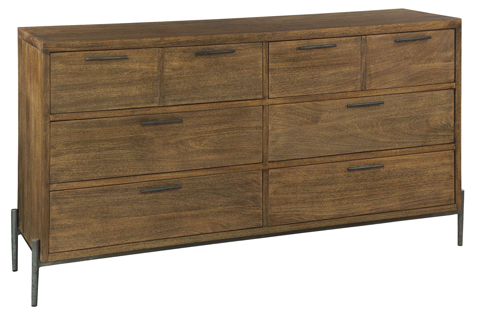 Bedford Park dresser with mango wood solids, Bedford finish, six soft-close drawers, and forged iron base and hardware