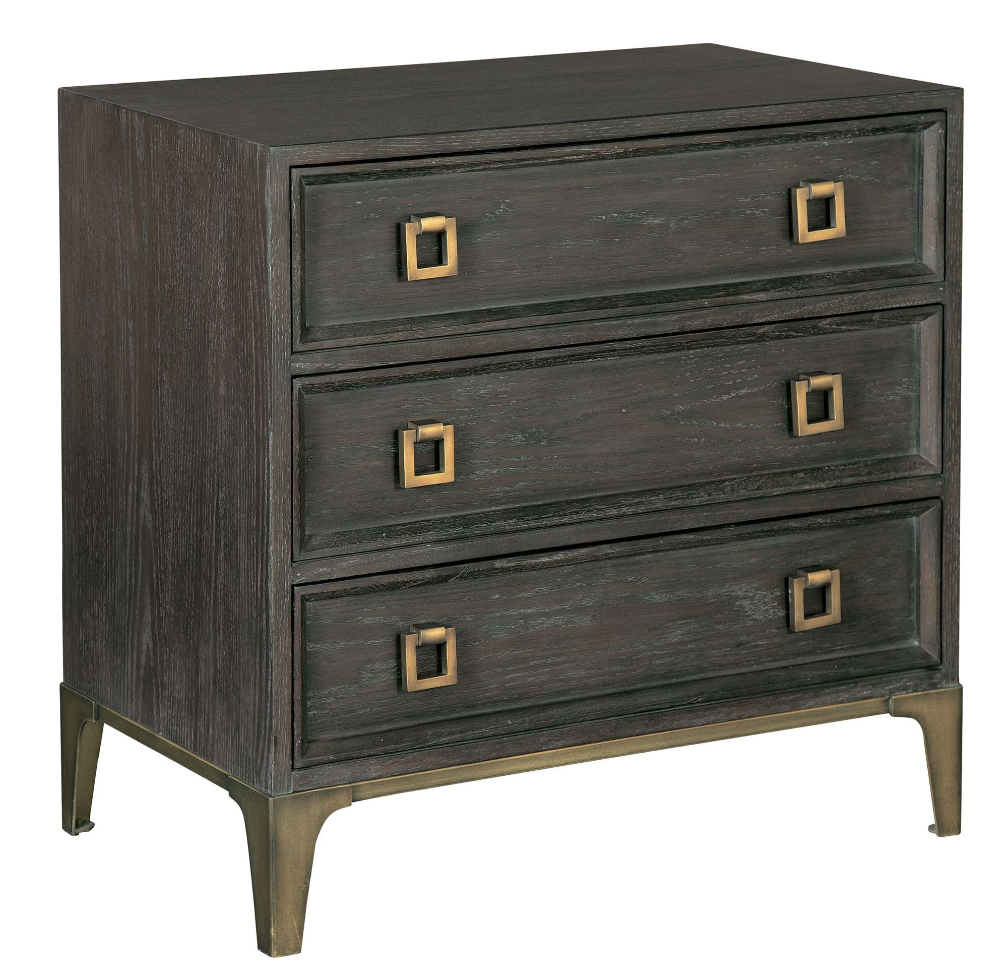 Edgewater three drawer nightstand with oak veneers, beveled drawer fronts, antique brass block pull handles, and metal legs