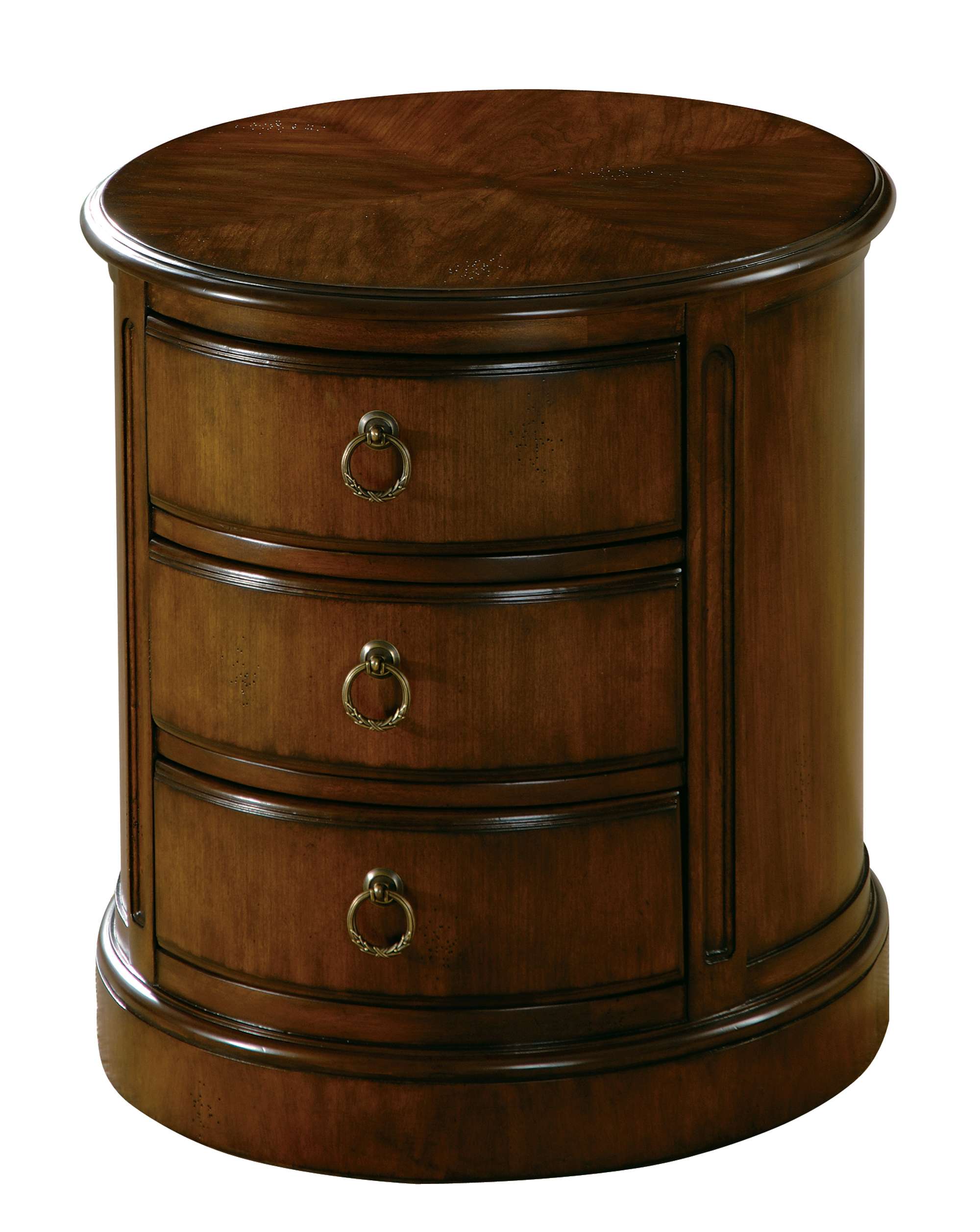 Round chairside chest with three drawers, rich cherry wood finish, and antique brass ring pull handles