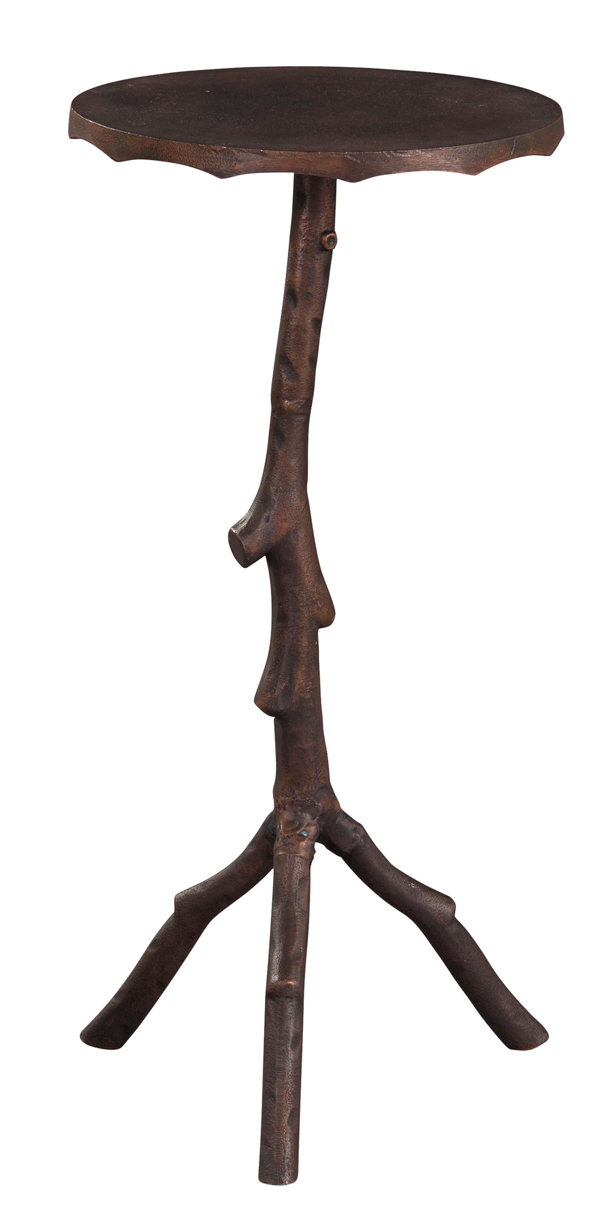 Cast aluminum end table with twig shaped base and round top, antique copper finish, compact 12-inch square surface