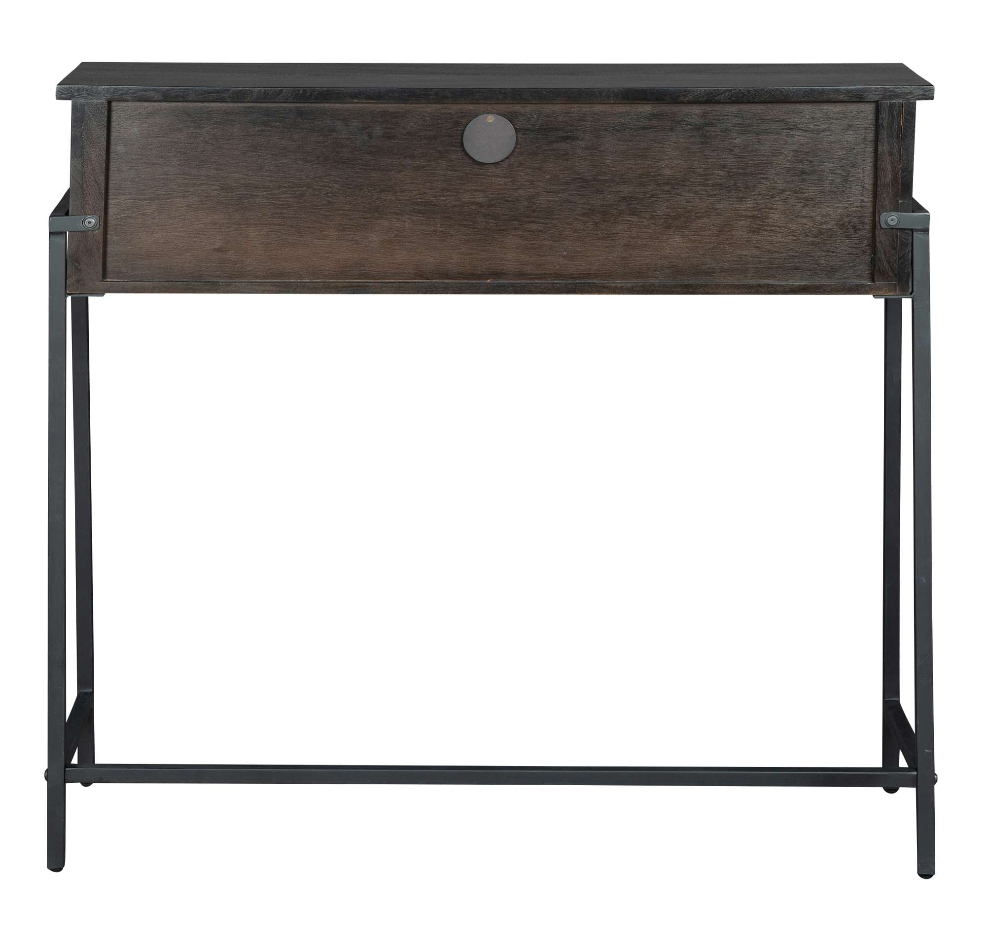 Box-style writing desk with acacia solids, aged black wood finish, two pencil drawers, open storage, and black iron frame