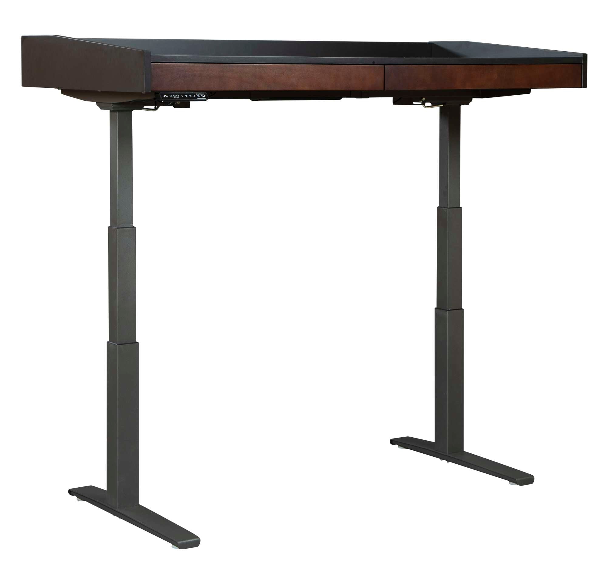 Custom adjustable height desk with dark wood veneer top, two front drawers, metal slides, and black metal legs