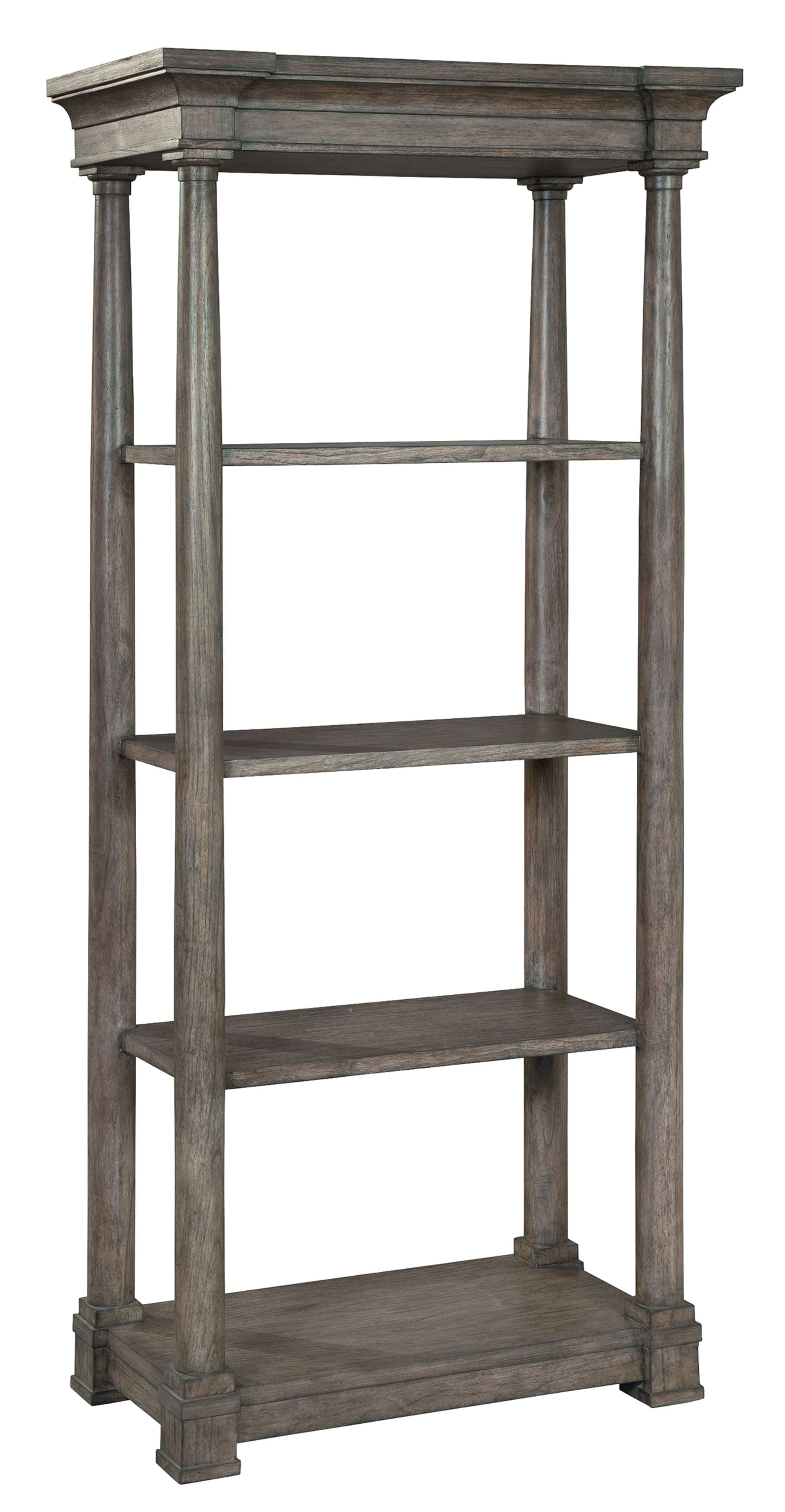 Lincoln Park open shelving with mindi veneers and solids, four shelves, detailed molding, and weathered gray finish