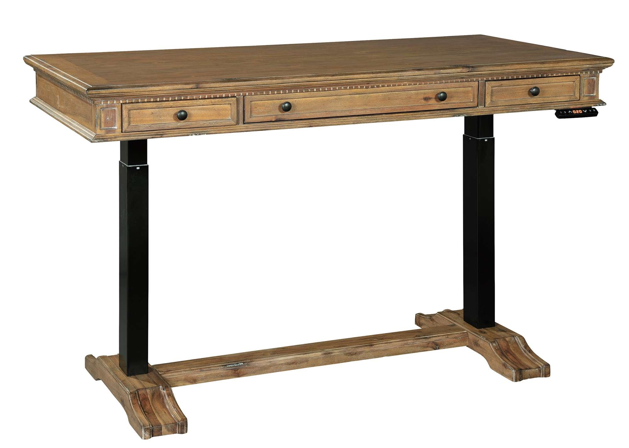 Wellington Hall Office Adjustable Height Desk with acacia wood top, framed planked design, three drawers, and black metal legs