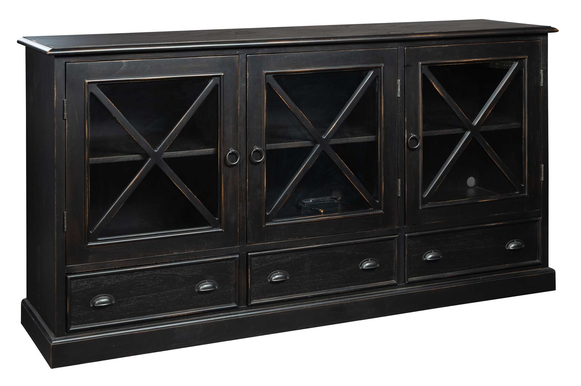 Dark wood entertainment console with three glass doors, three lower drawers, and antique brass hardware.