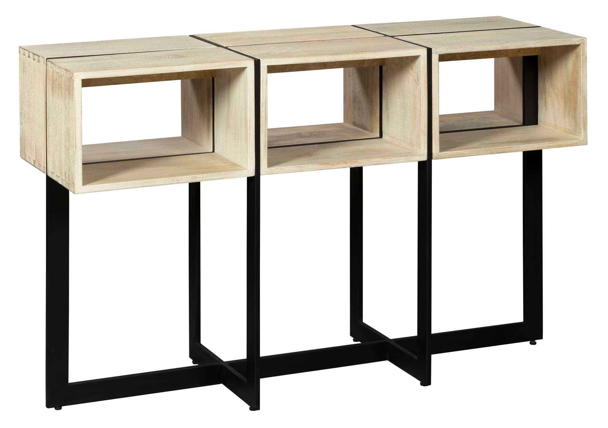 Geometric sofa table with open storage boxes in translucent rustic white mango wood and black metal legs