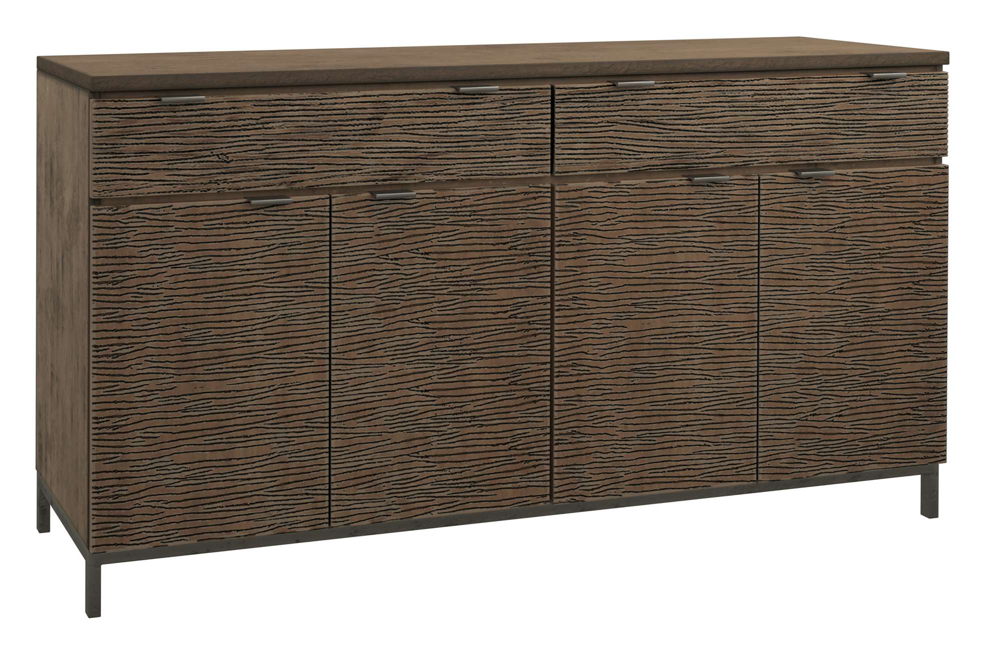 Organic Living Buffet with textured wood finish, two drawers, four cabinet doors, and metal base for dining storage and style