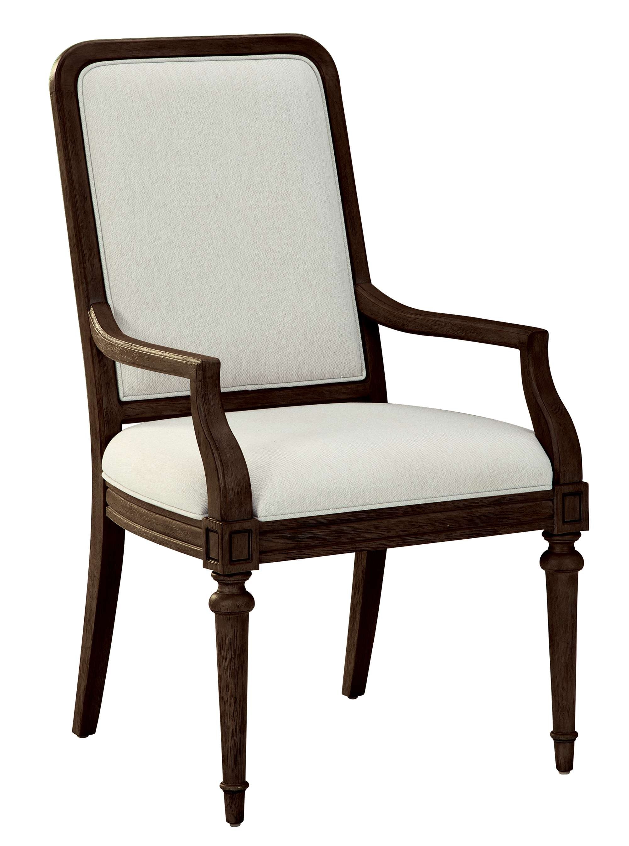 Wellington Estates upholstered arm chair with heavyweight linen fabric, select wood solids, and Java finish frame
