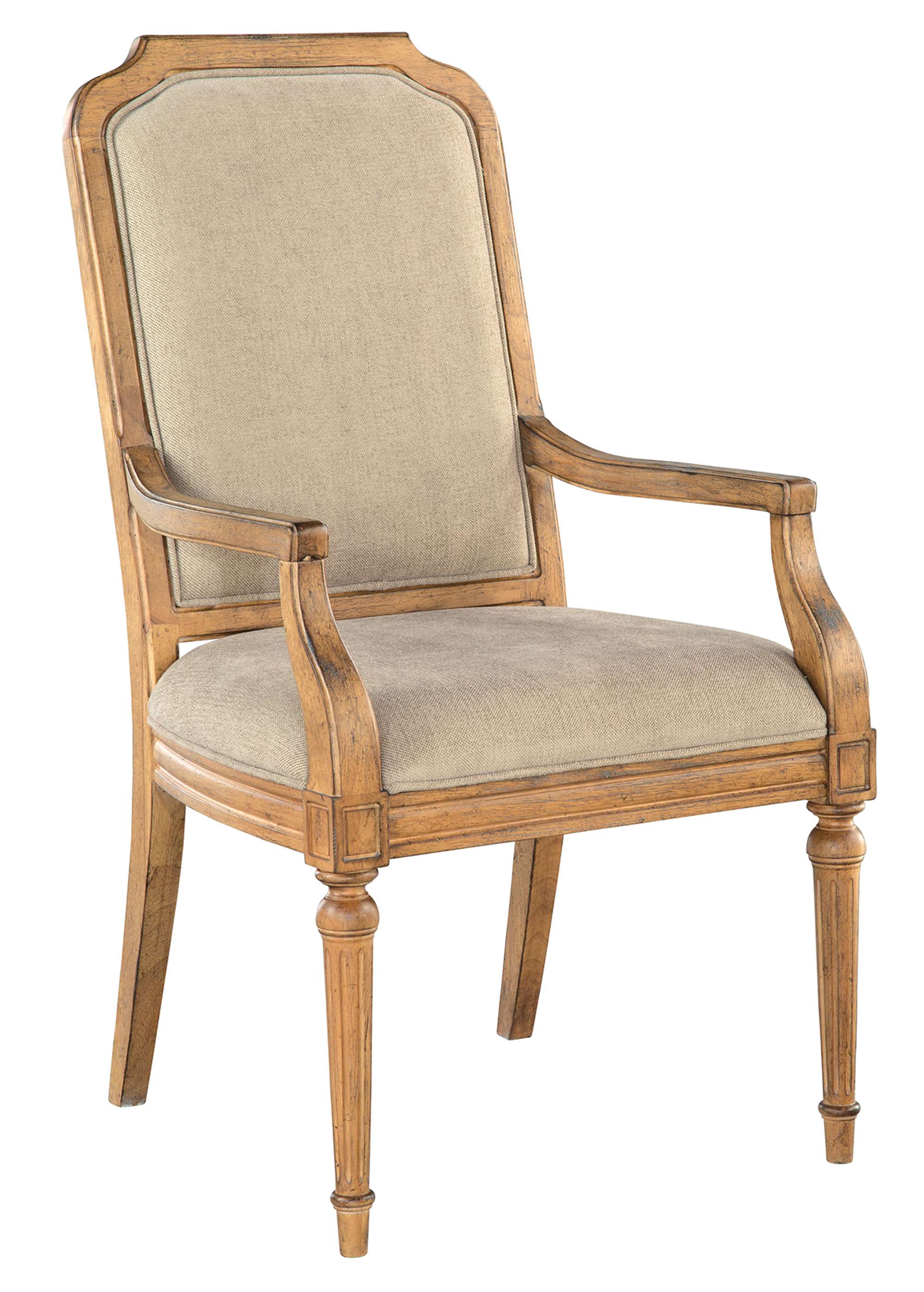 Wellington Hall upholstered dining arm chair with linen seat and back, acacia veneers, and natural finish wood frame