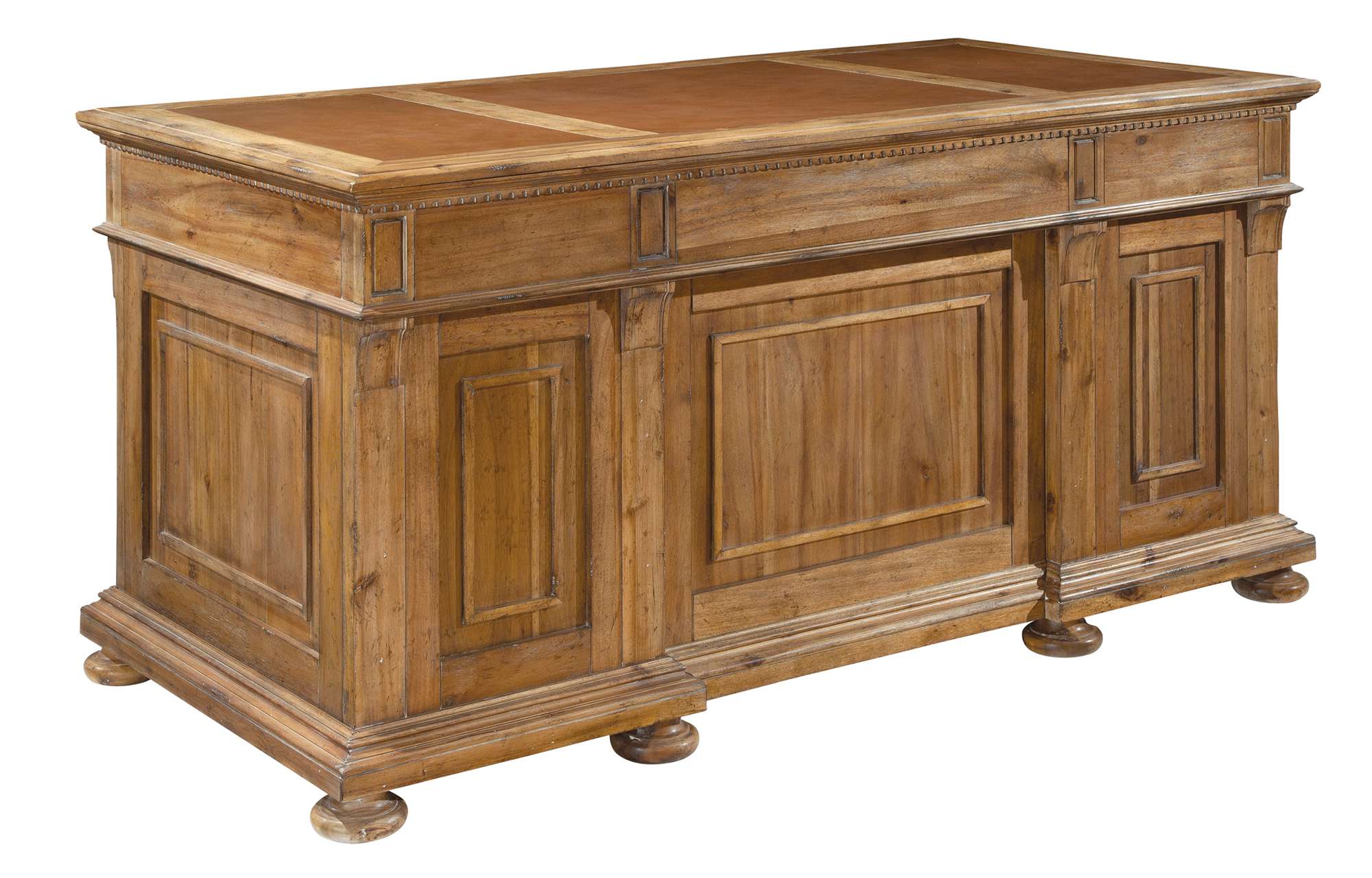 Wellington Hall Office Junior Executive Desk with acacia veneers, leather panel top, four box drawers, and two metal slide file drawers