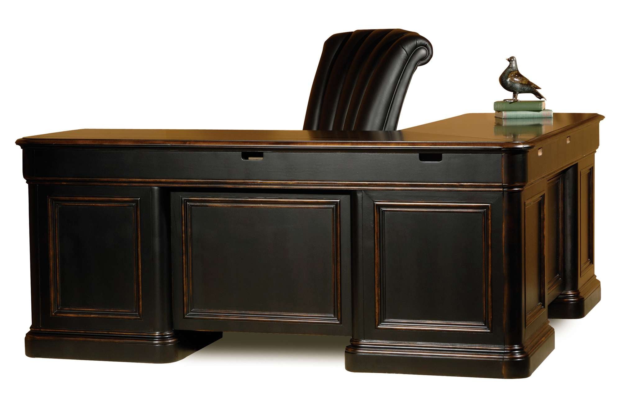Louis Philippe Executive L-shape desk with moderately distressed finish, veneer top, and wire management on right side