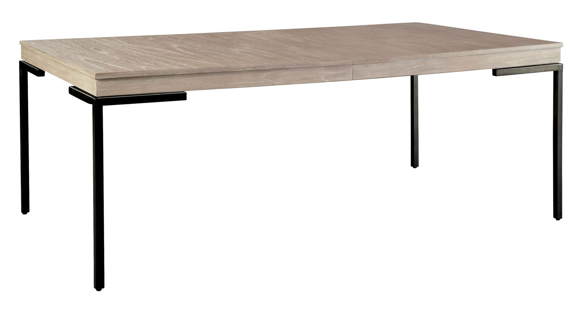 Scottsdale dining table with 3/4" mindi veneer slab top, 2-1/2” apron, and aged iron square metal legs
