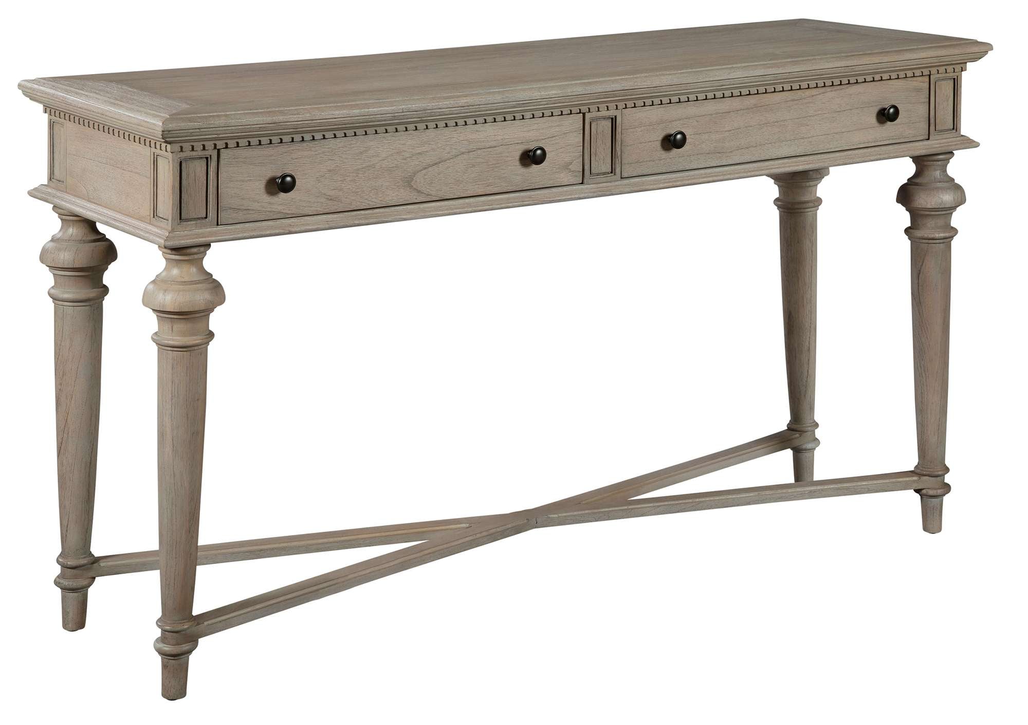 Wellington Estates sofa table with mindi veneers and solids, two drawers, dentil molding, turned legs, and driftwood finish