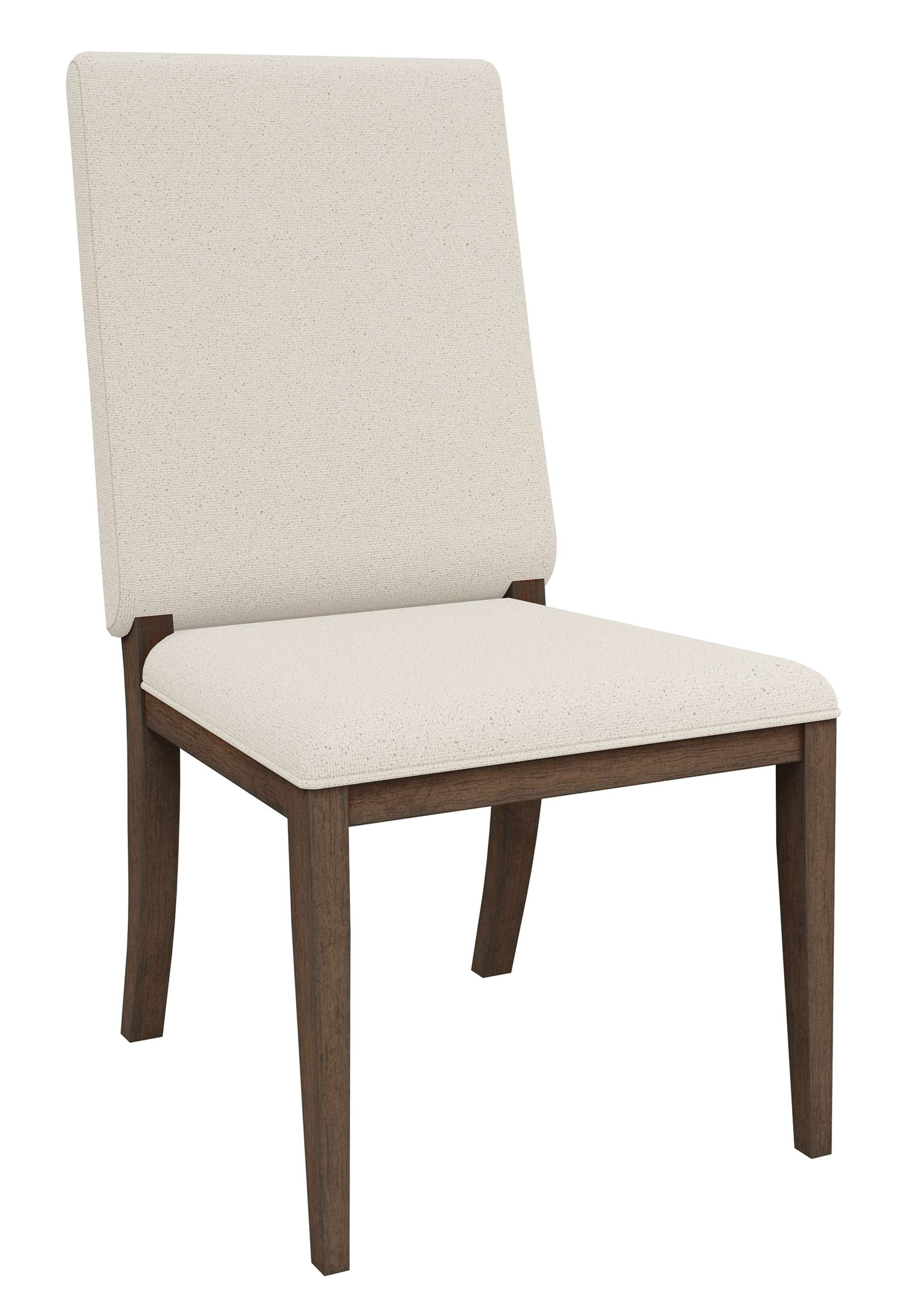 Dining side chair with beige upholstery, wooden tapered legs, and modern clean-lined silhouette for elegant seating