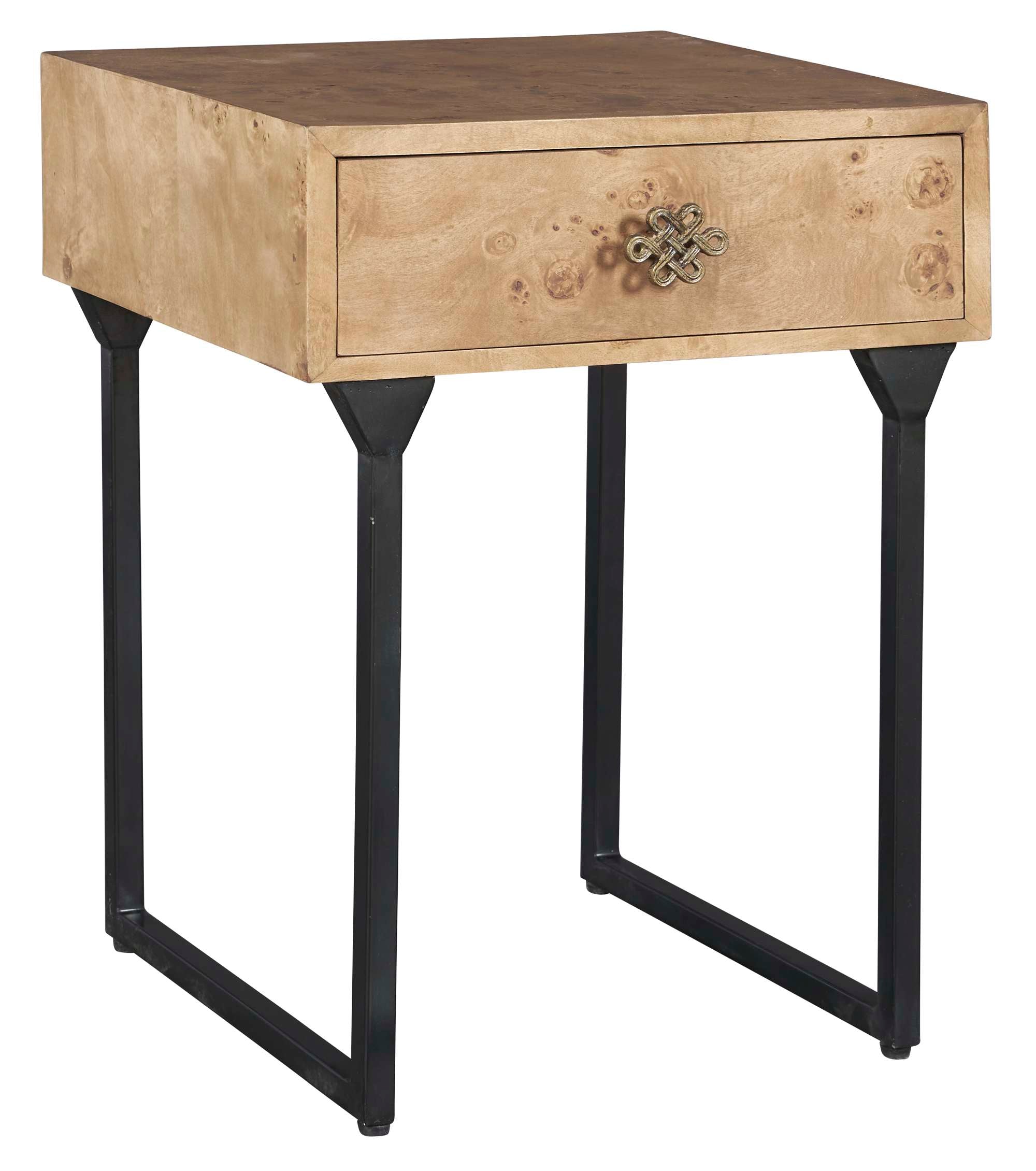 End table with burl wood top, single drawer with antique brass Celtic hardware, and black metal legs