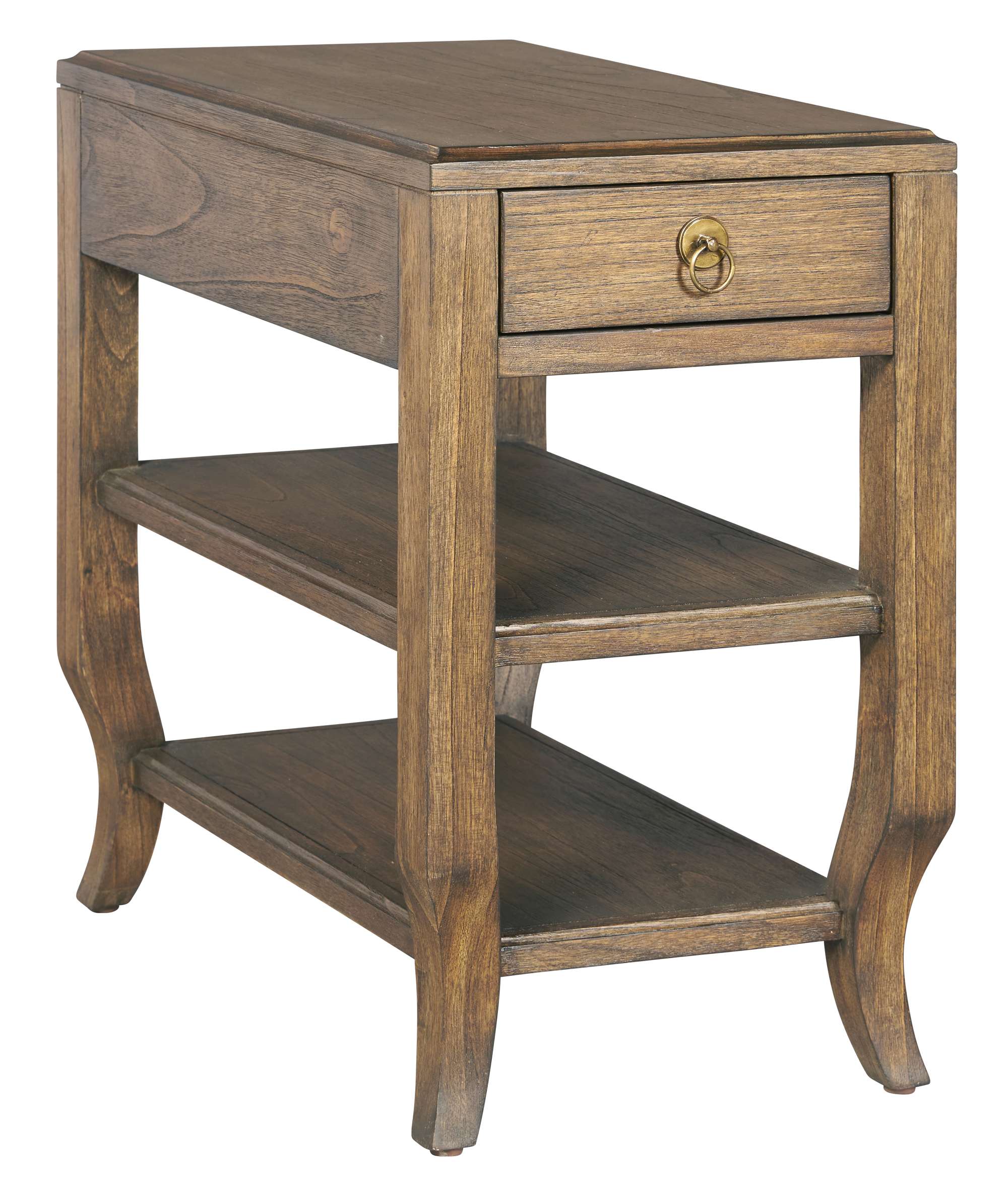 Chairside end table with single drawer, two open shelves, shapely stiletto feet, antique brass hardware, and special reserve finish