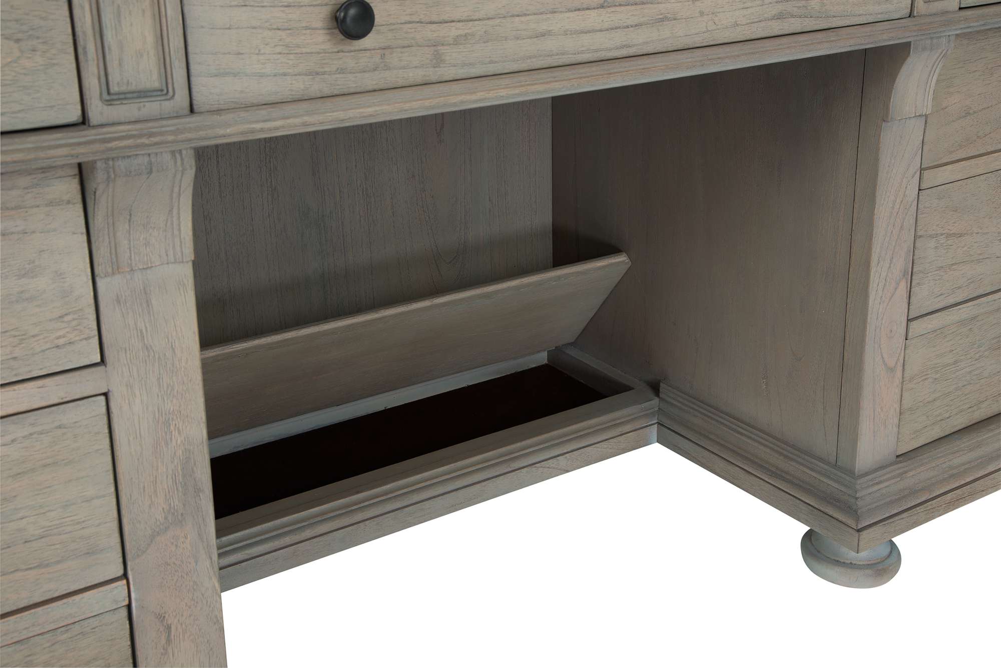 Wellington Estates office executive credenza with driftwood finish, open file drawer, and rustic antique brass hardware details