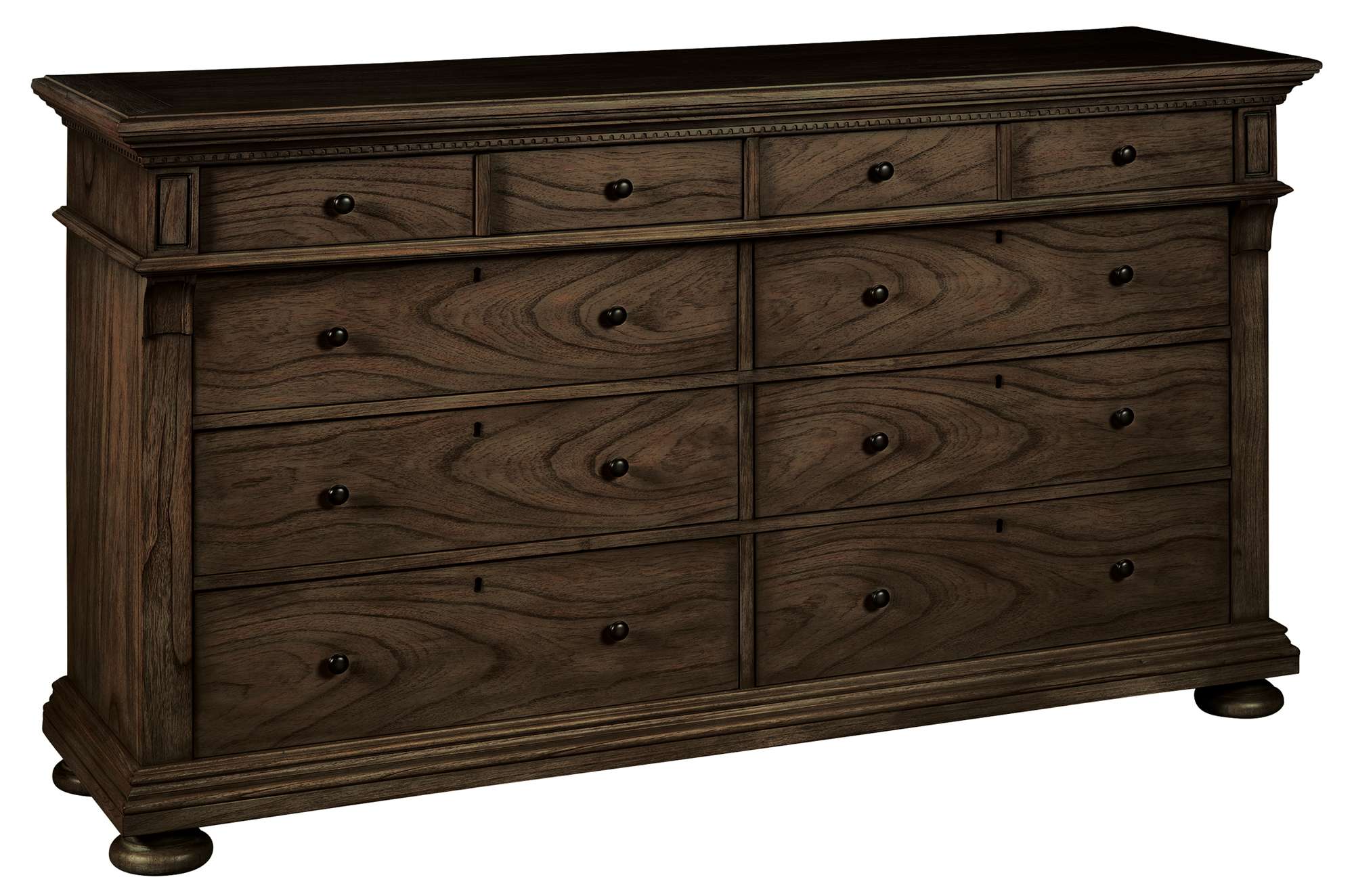 Wellington Estates dresser with mindi veneers and solids, eight drawers, antique brass hardware, dentil molding, and Java finish