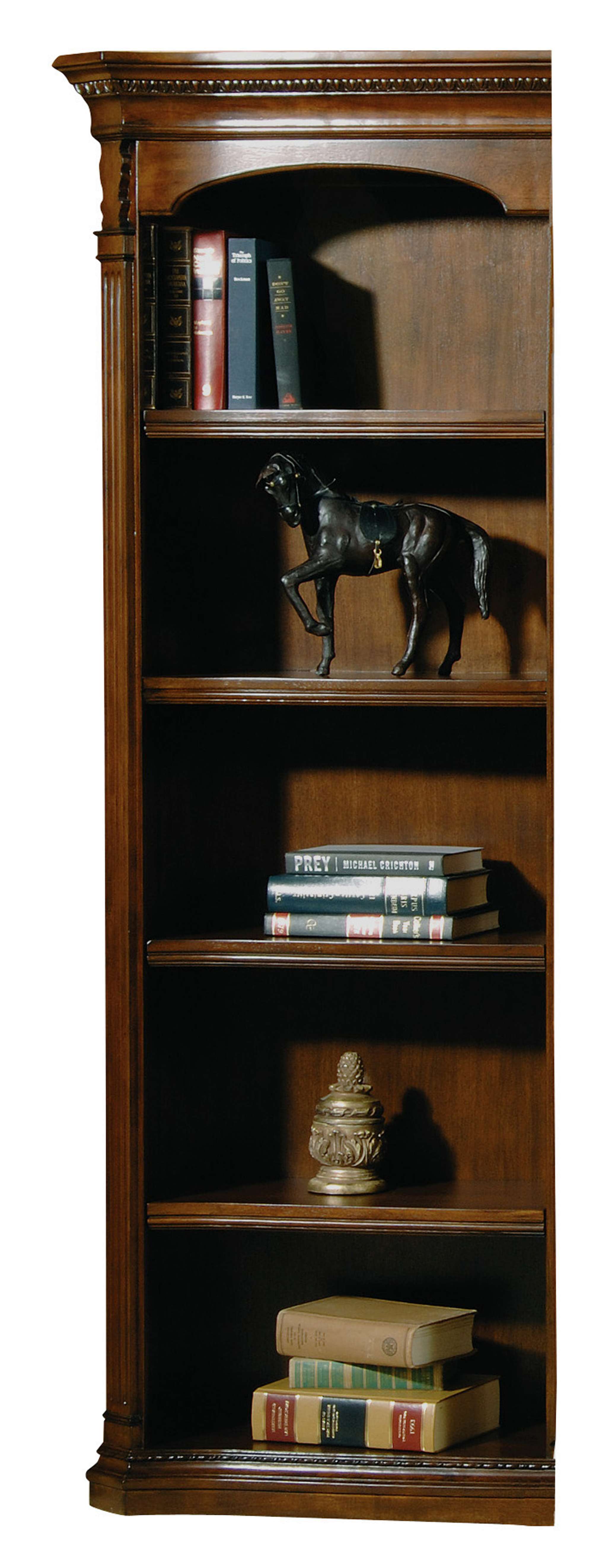 Old World Walnut Burl executive left bookcase with carved edges, adjustable shelves, and select walnut veneers