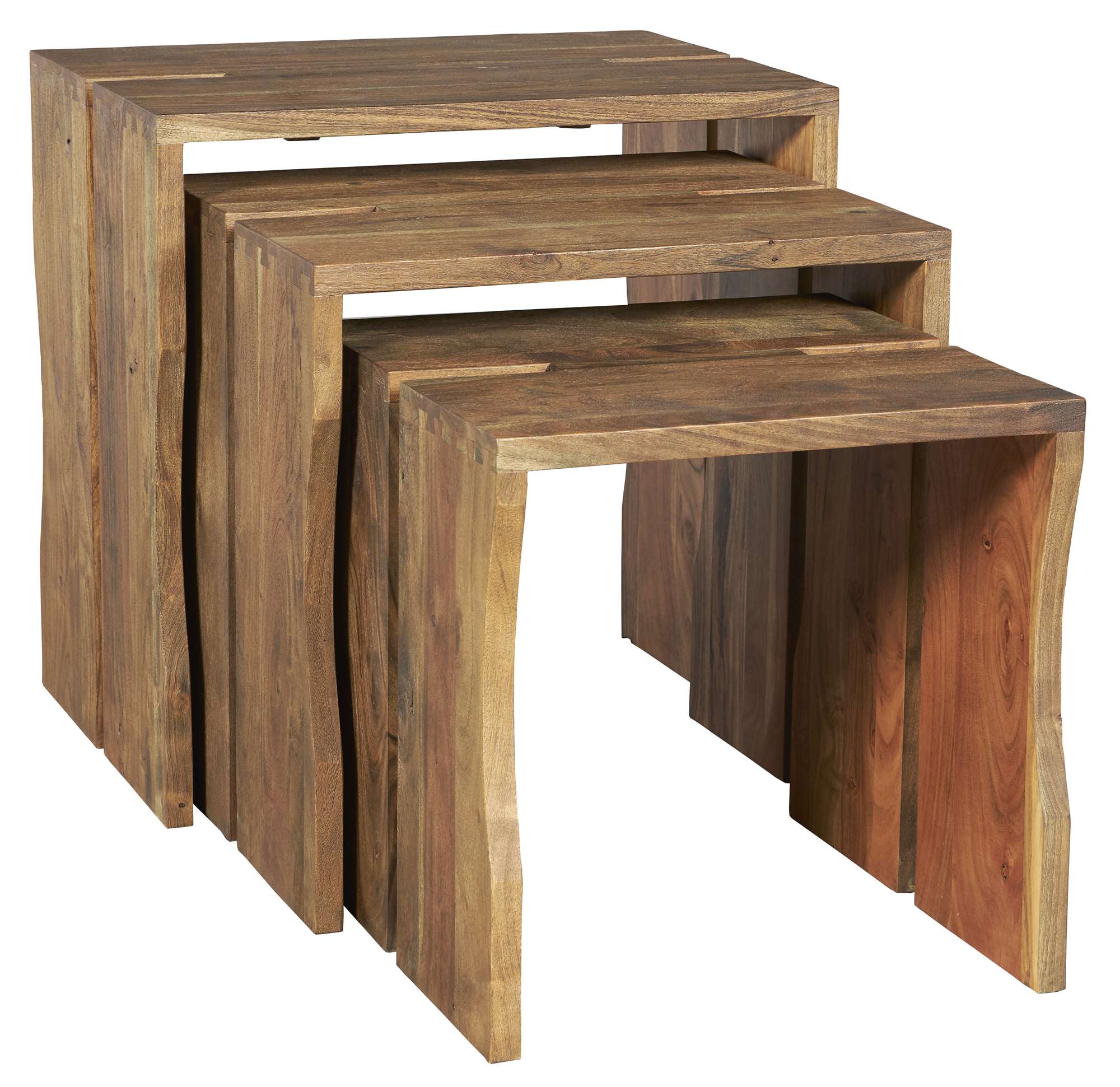 Set of three nesting tables made of solid Acacia wood with natural finish and exposed dovetail joinery