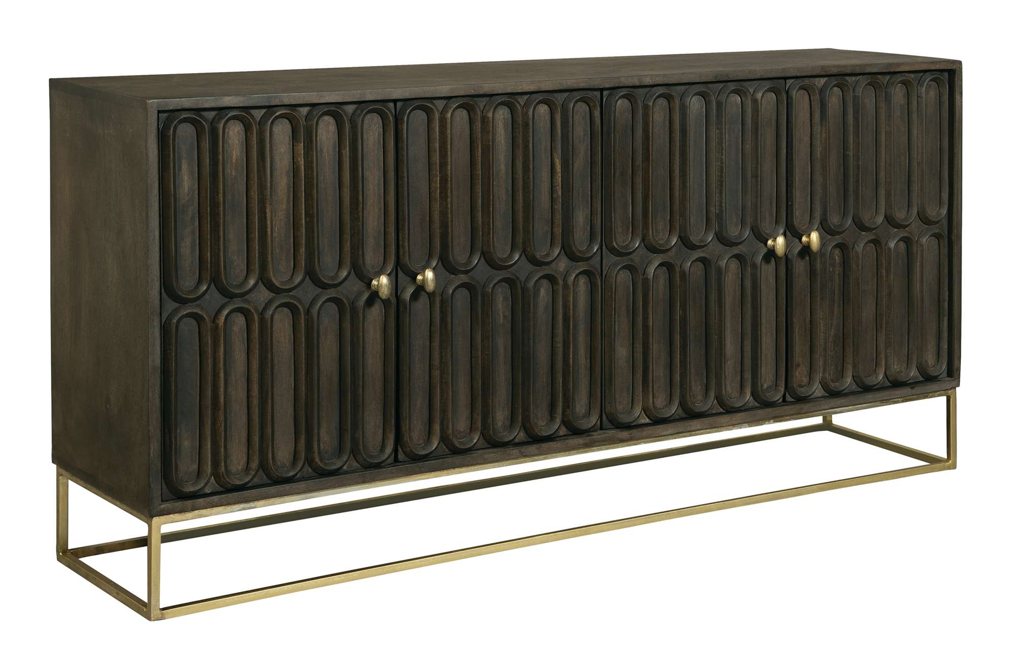 Entertainment console with select solids and veneers, four carved doors, brass pulls, and square tubular brass frame base