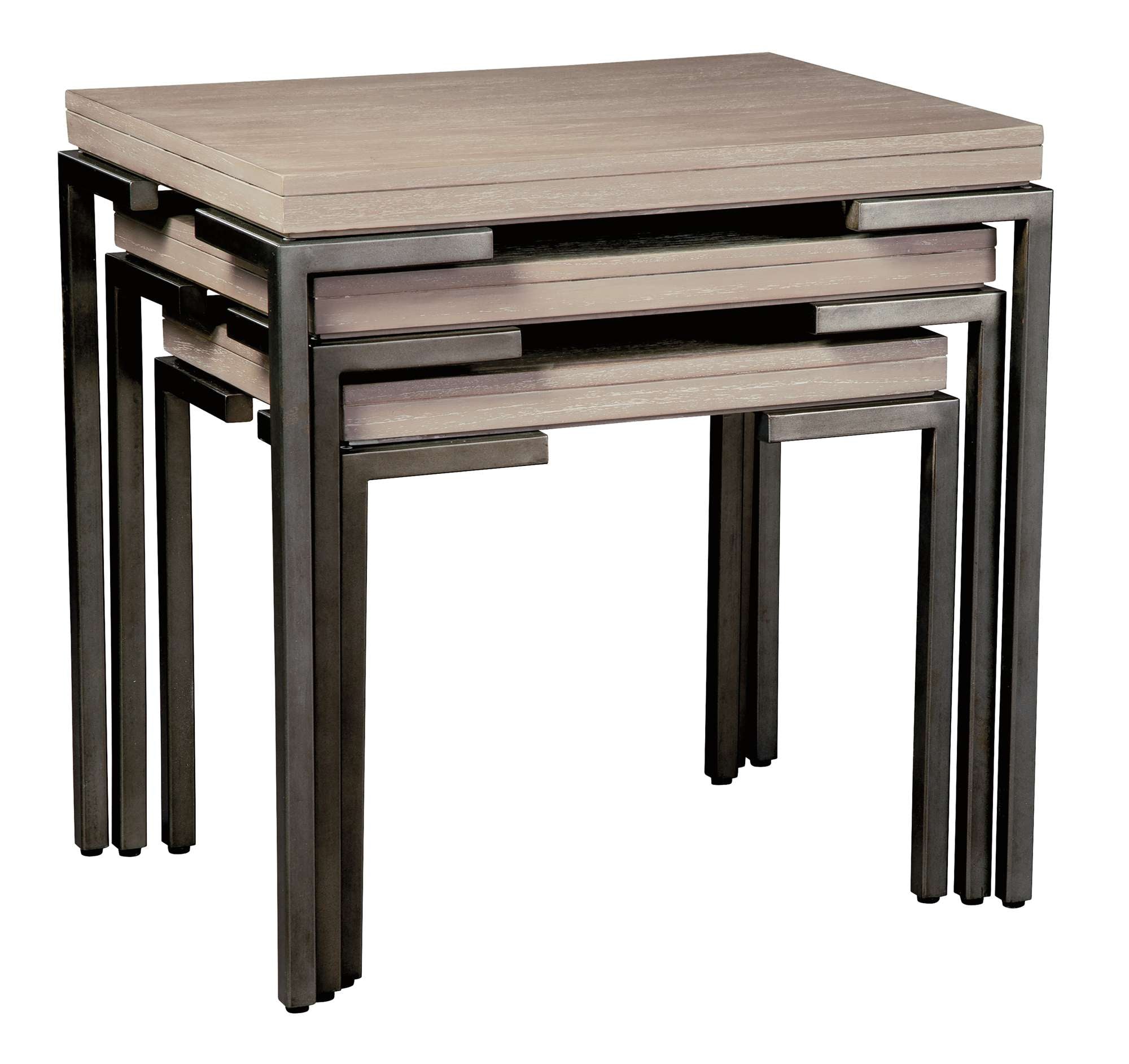 Scottsdale nest of three tables with mindi veneer tops, 2" build-up, and aged iron square legs in Scottsdale finish