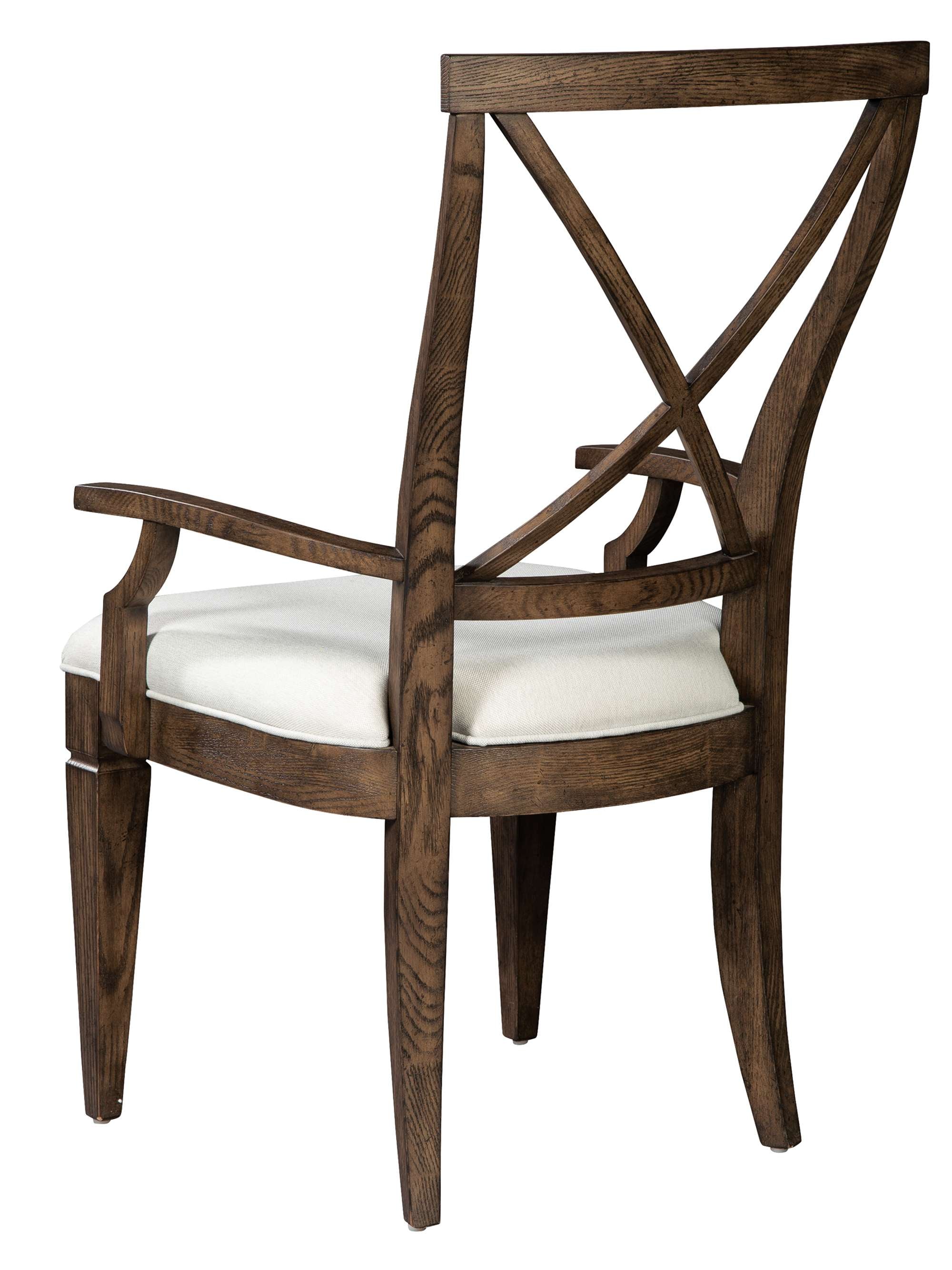Wexford dining arm chair in solid oak with X-back design and off-white heavyweight linen upholstered seat
