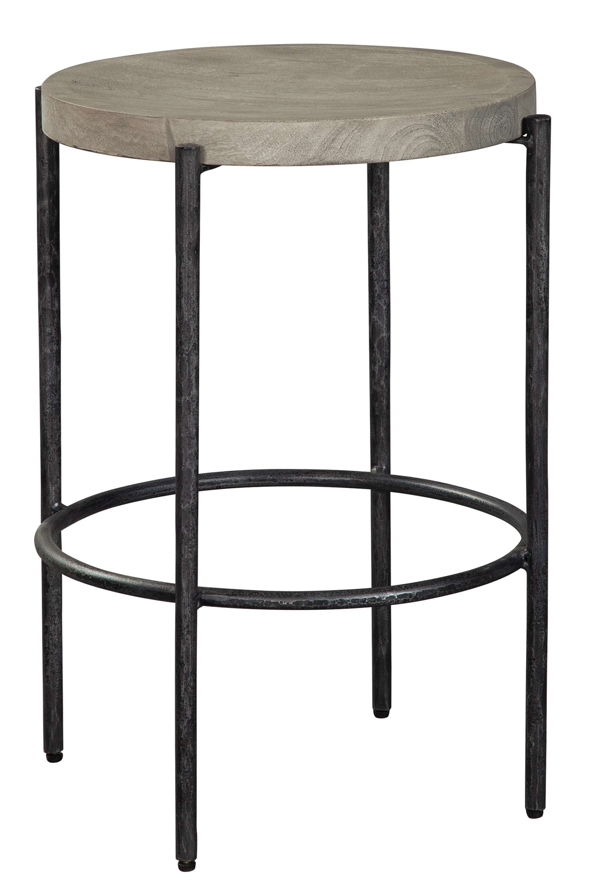 Bedford Park counter stool with round wood top, black metal legs, and circular footrest for contemporary pub table seating