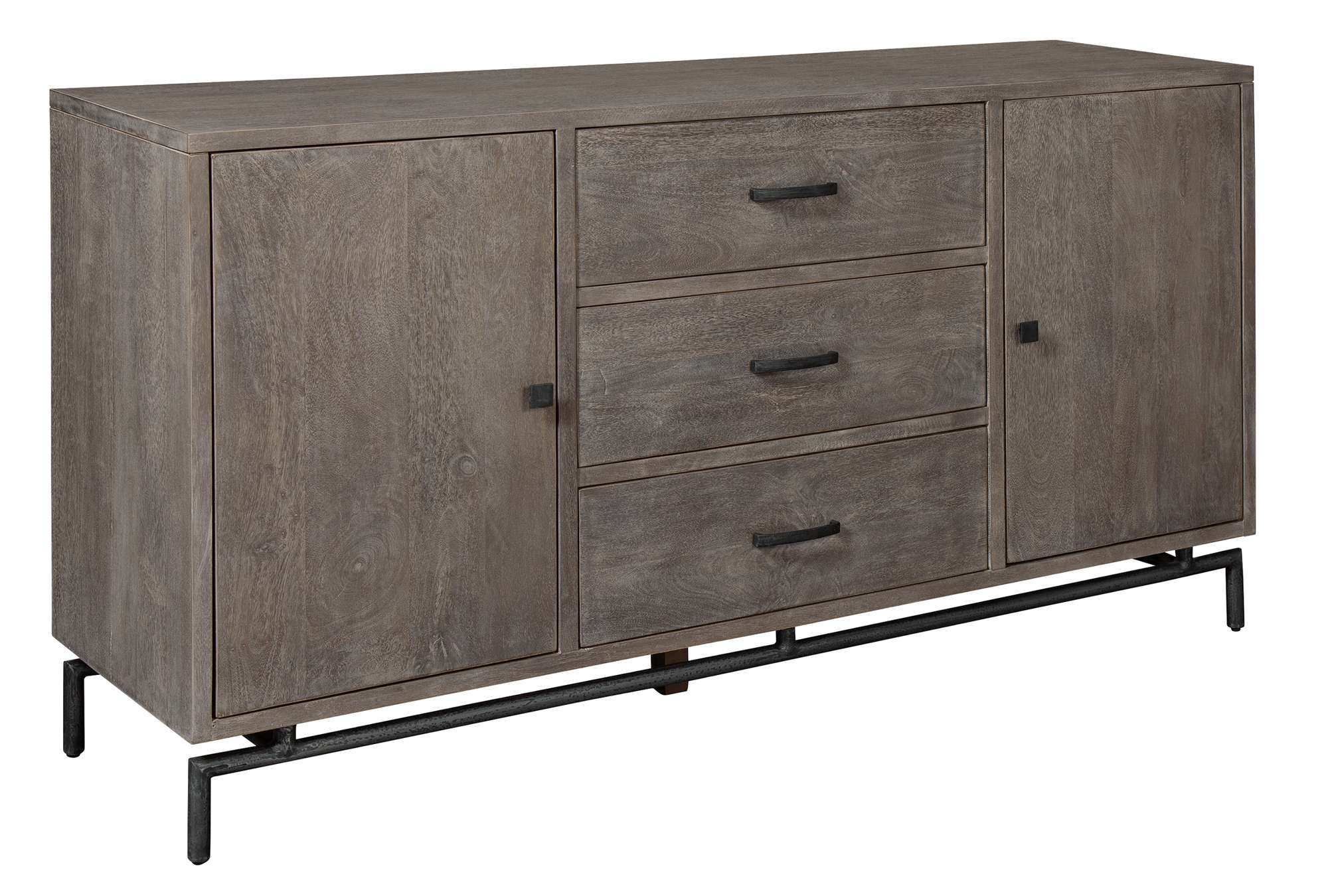 Sedona Buffet with solid mango wood cabinet, three drawers, side doors, and round iron leg frame in rustic finish