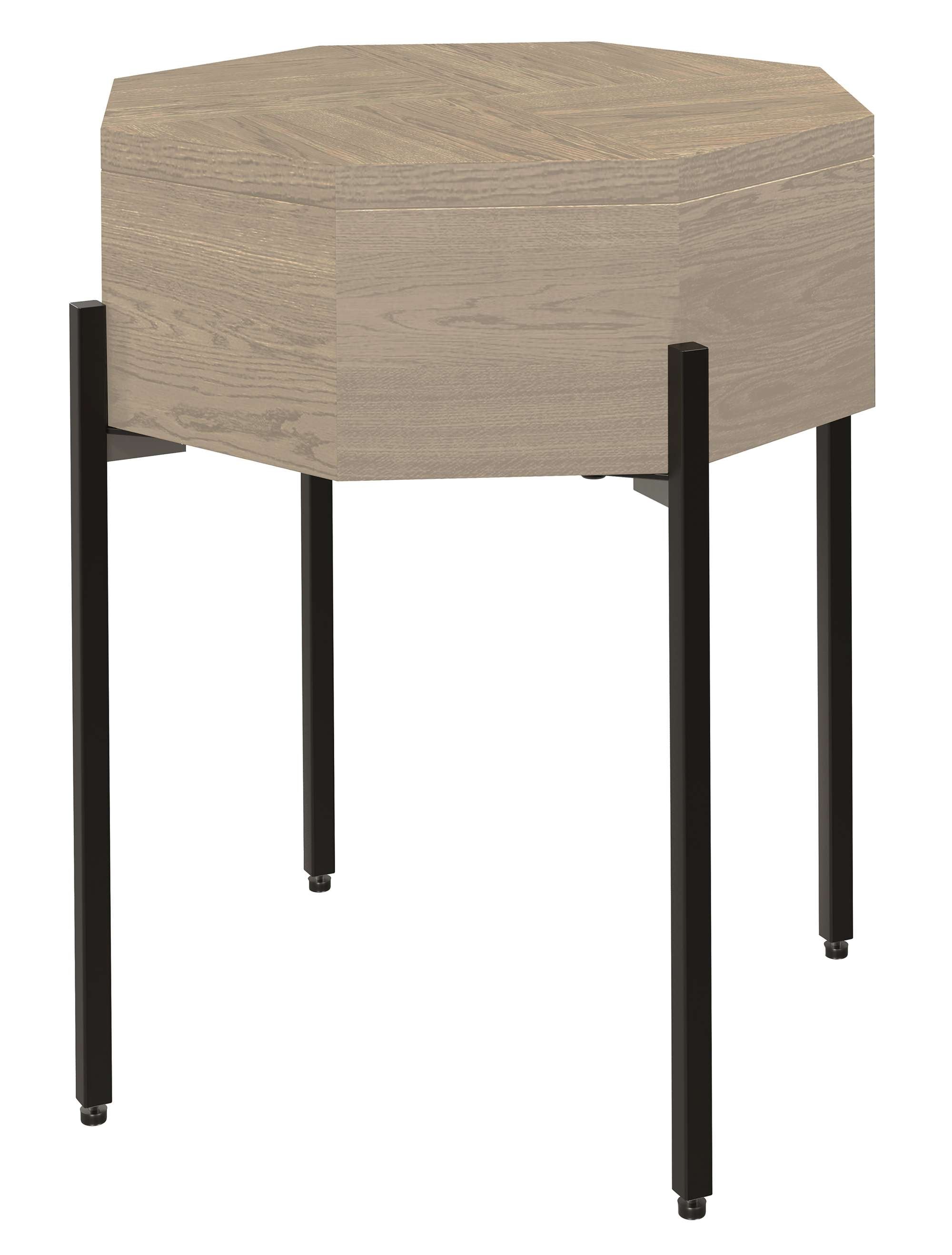 Octagonal Mayfield End Table with parquet veneer top and slender black metal legs in soft translucent gray oak finish