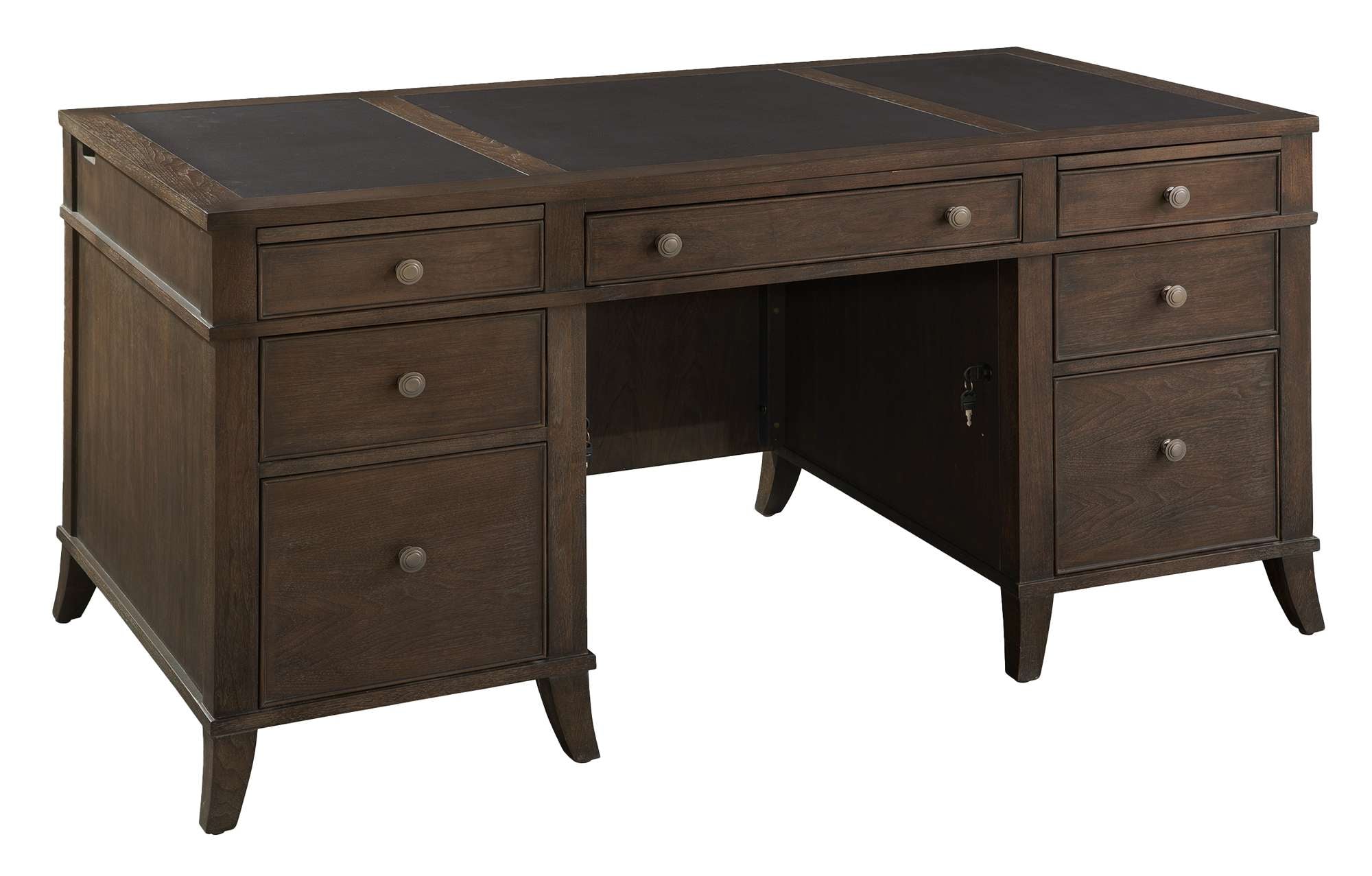 Urban Junior Executive Desk with wood-framed leather panels, select veneer and solids, four box drawers, and two file drawers on metal slides