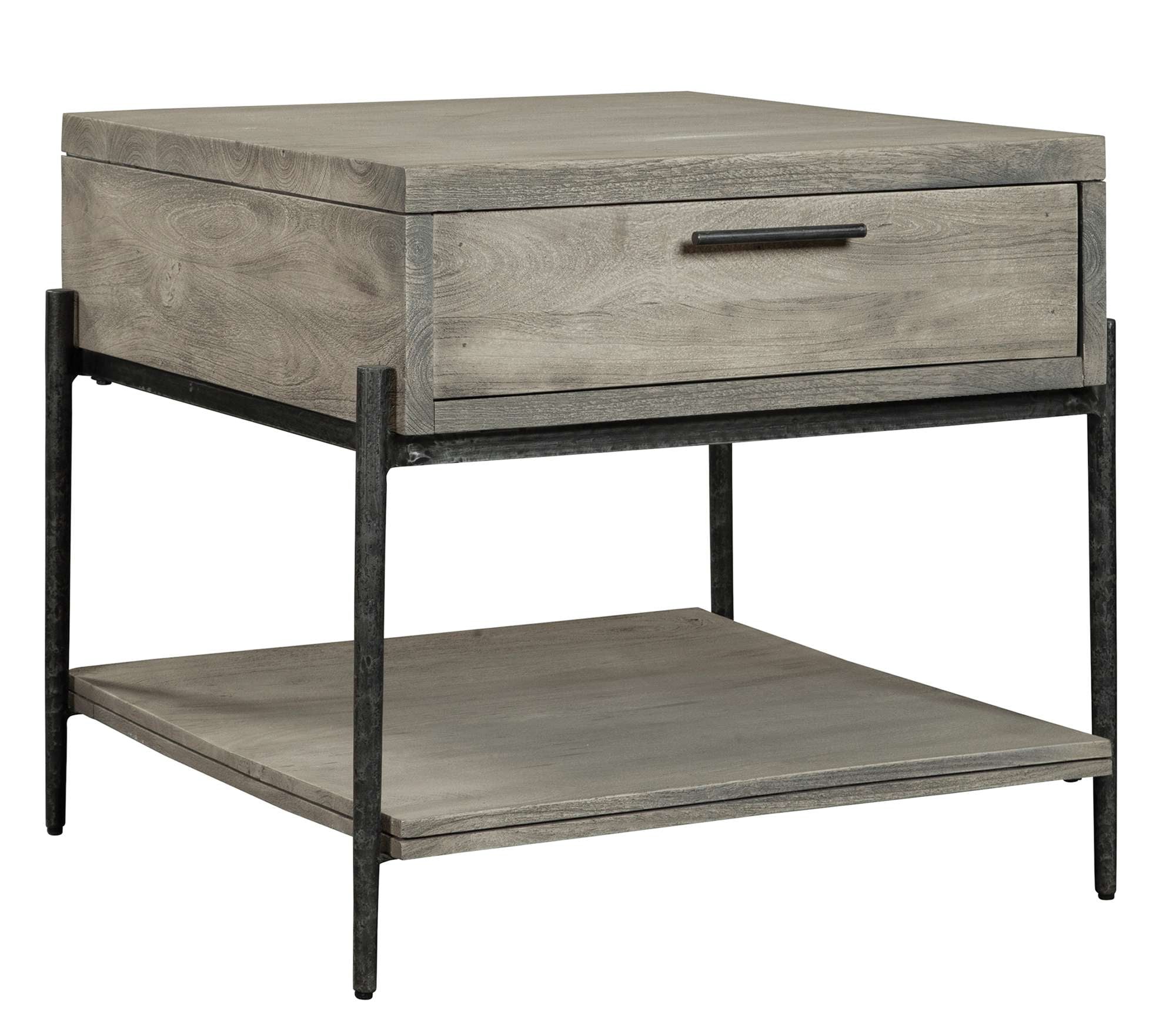 Bedford Park end table in gray mango wood with single drawer, open shelf, and sturdy black metal frame