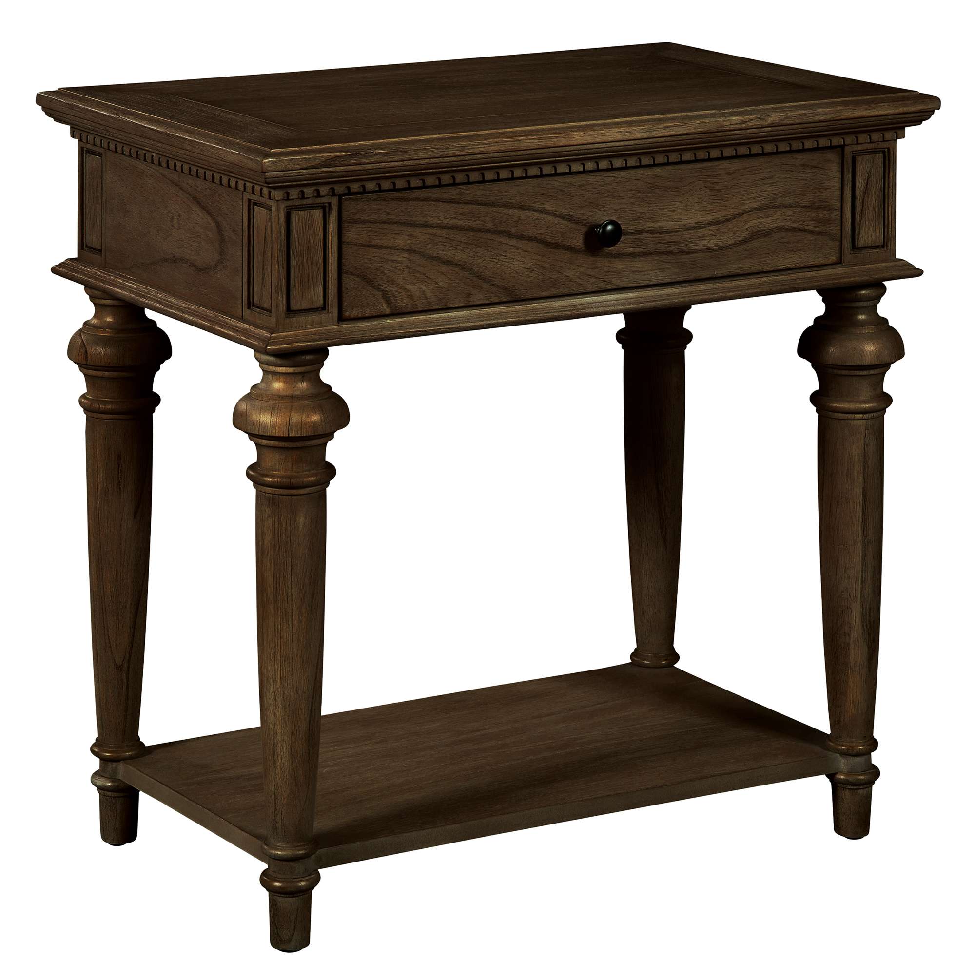 Wellington Estates nightstand with Java finish, single drawer, dentil molding, turned tapered legs, and lower shelf