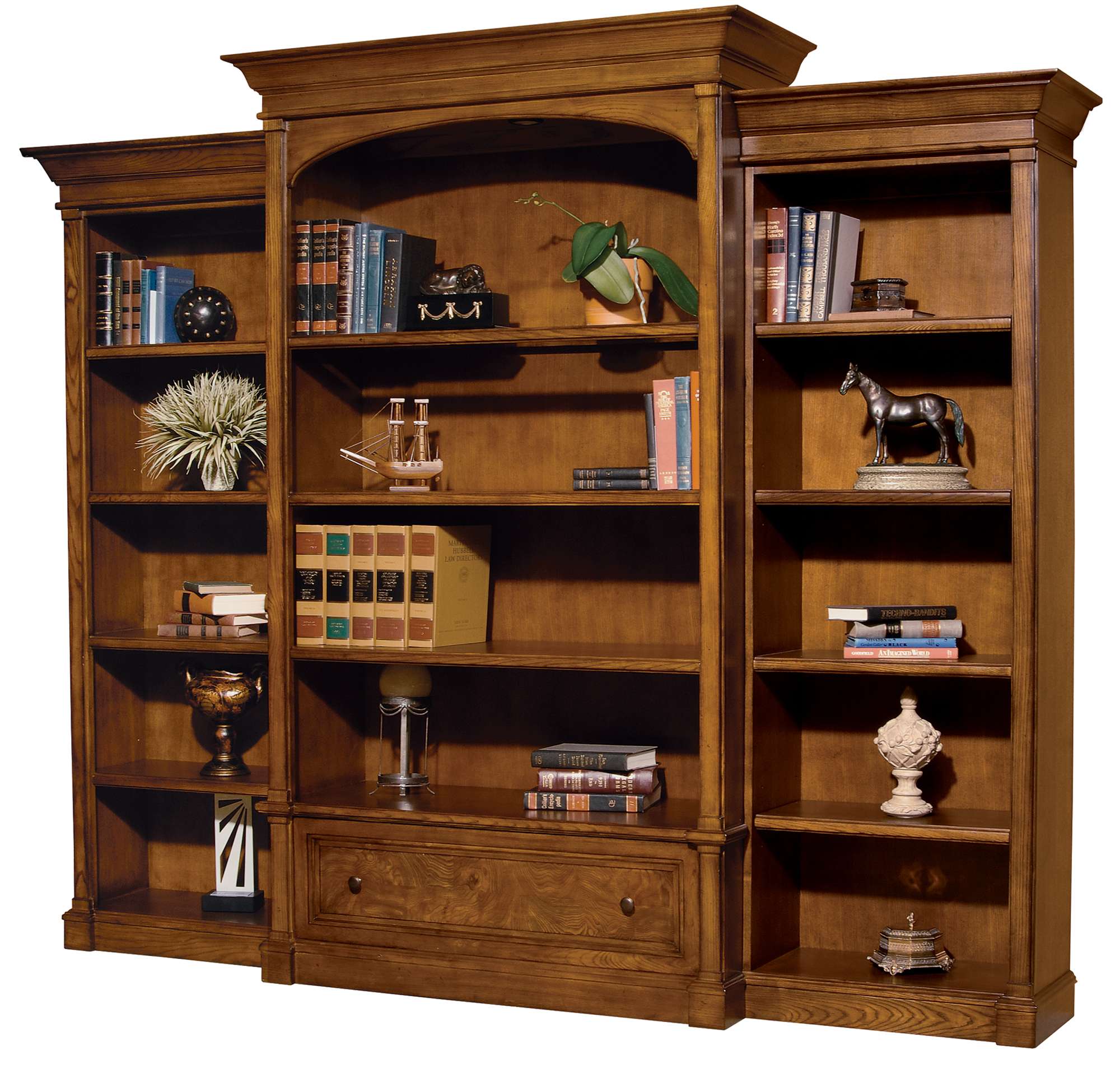 Urban Ash Burl executive center bookcase with illuminated adjustable wood-framed glass shelf, fixed shelves, and file drawer