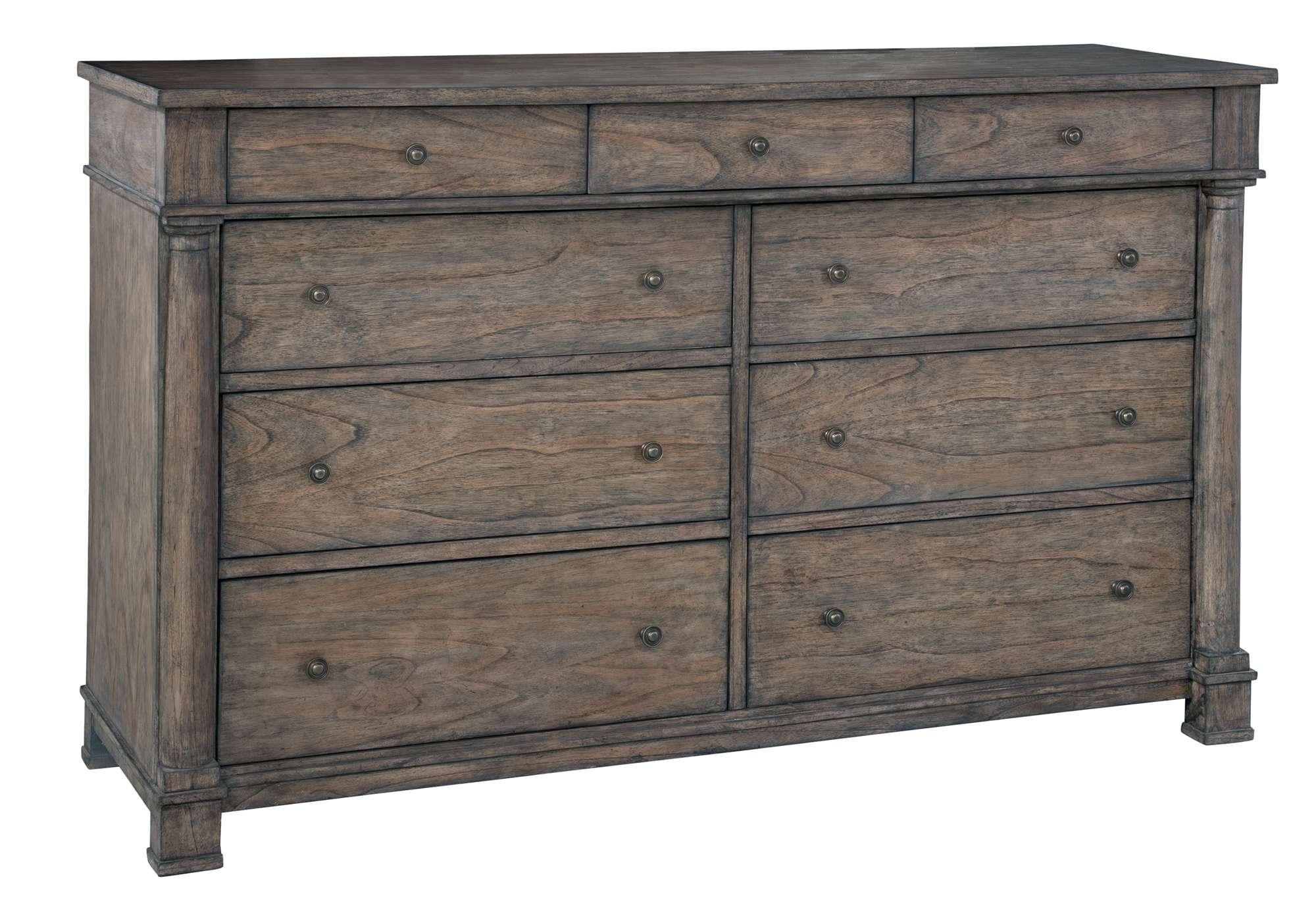 Lincoln Park dresser with nine drawers, select solid and veneer wood, antique brass hardware, soft-closing slides, Lincoln Park finish