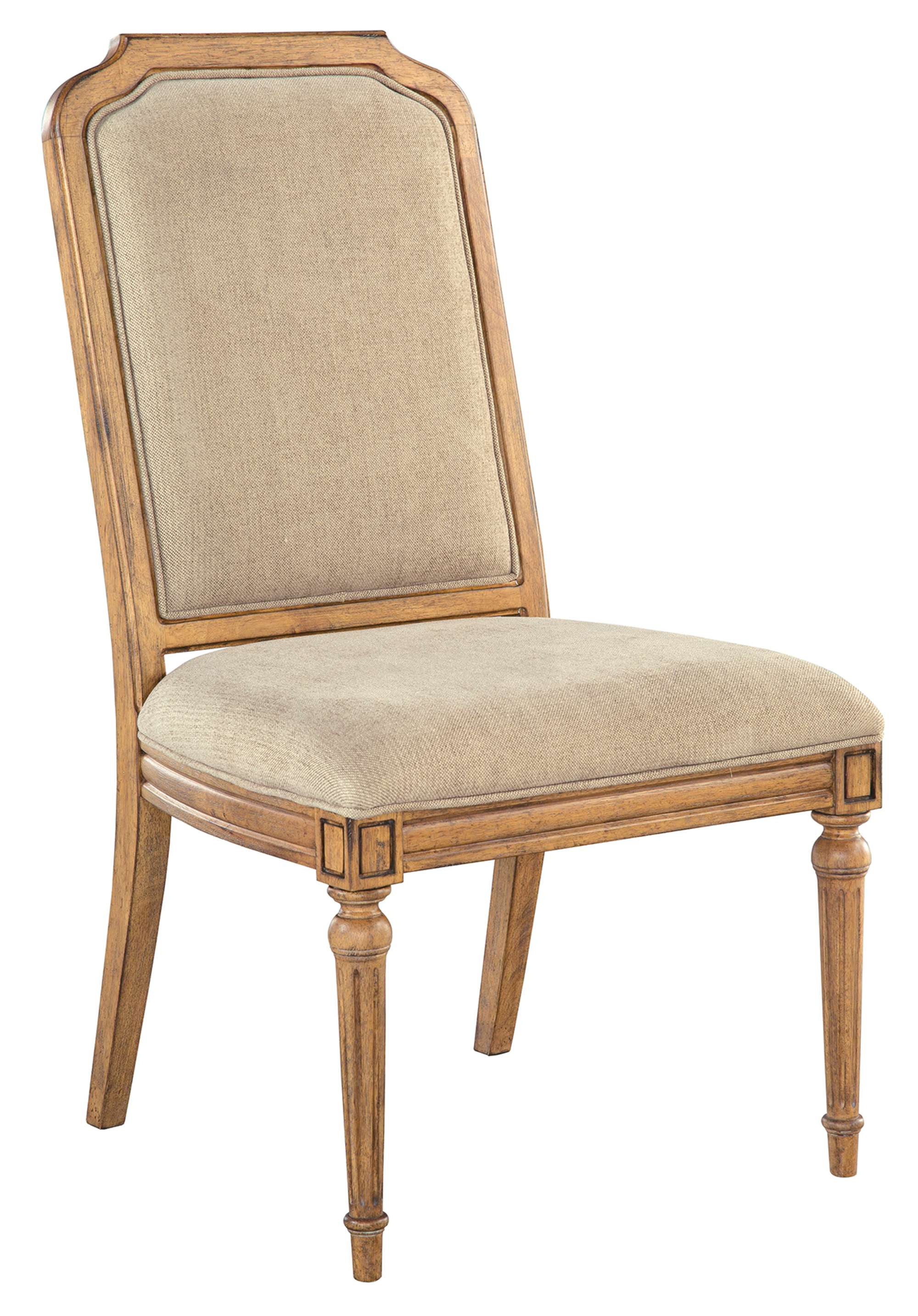 Wellington Hall upholstered dining side chair with linen back and seat, acacia veneer frame, and natural finish