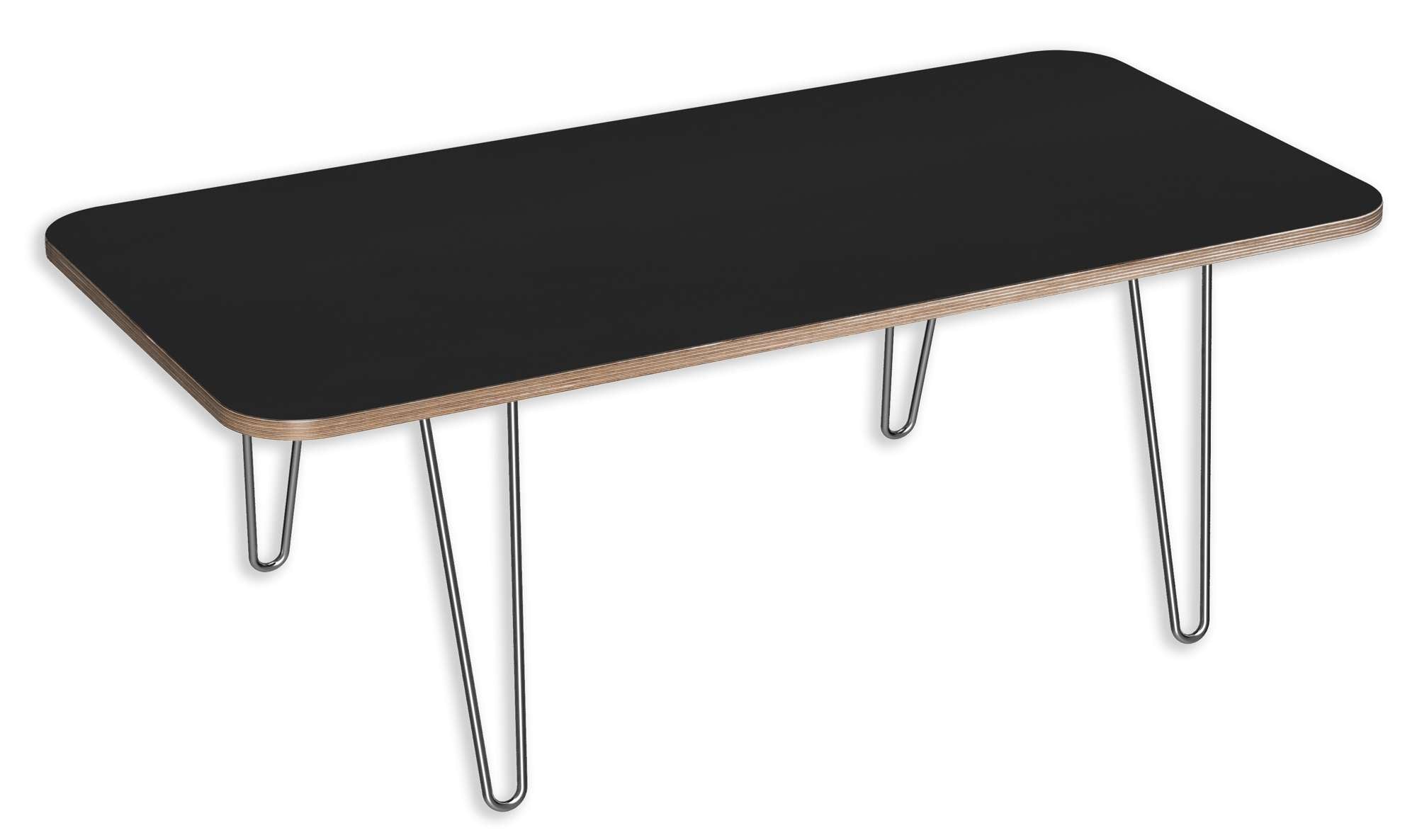 Rectangular DesignerPly coffee table with matte black top, rounded edges, multi-ply grain, and slender hairpin legs